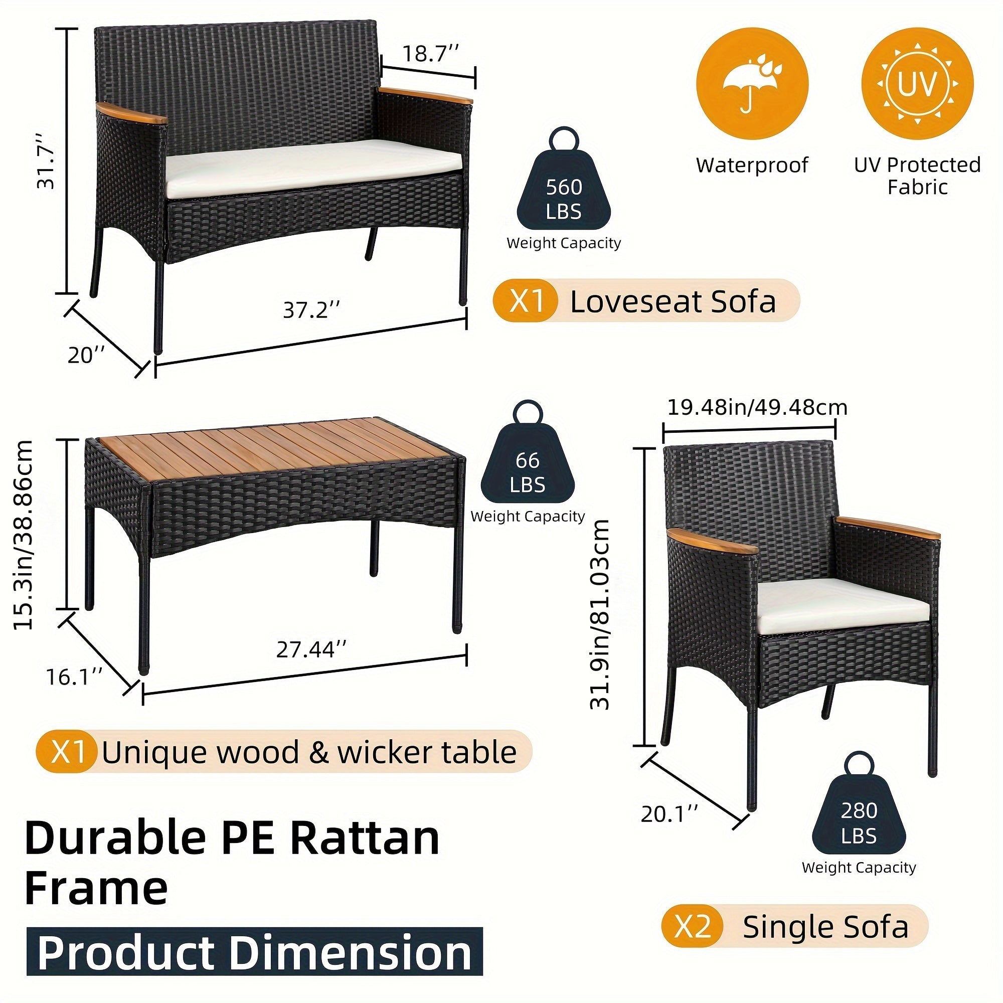 Celebalcony 4pcs Patio Furniture Set, Outdoor Wicker Patio Conversation Furniture Set with Cushion