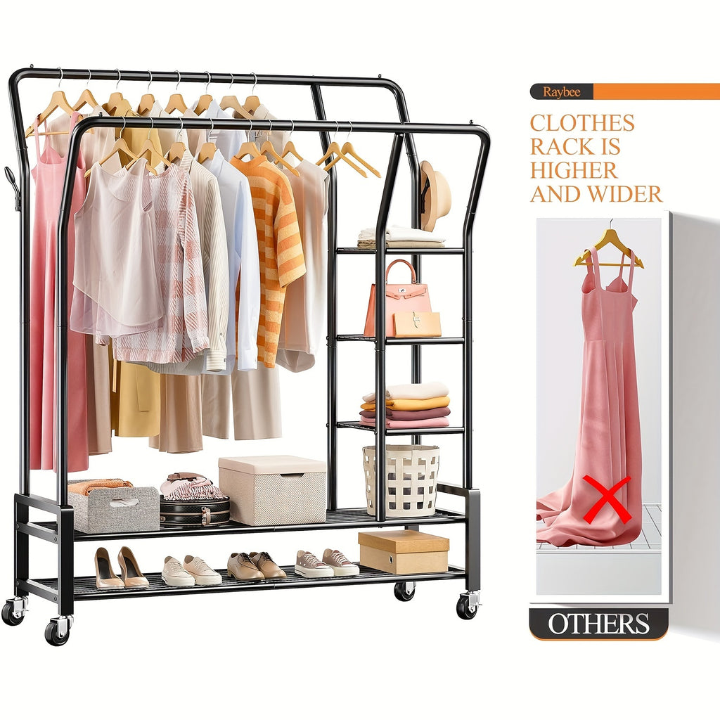Clothes Rack, Clothing Rack Double Rod Garment Rack Clothing Racks for Hanging Clothes 255LBS Heavy Duty Clothes Rack with Wheels Metal Rolling Closet Rack Laundry Storage Organization
