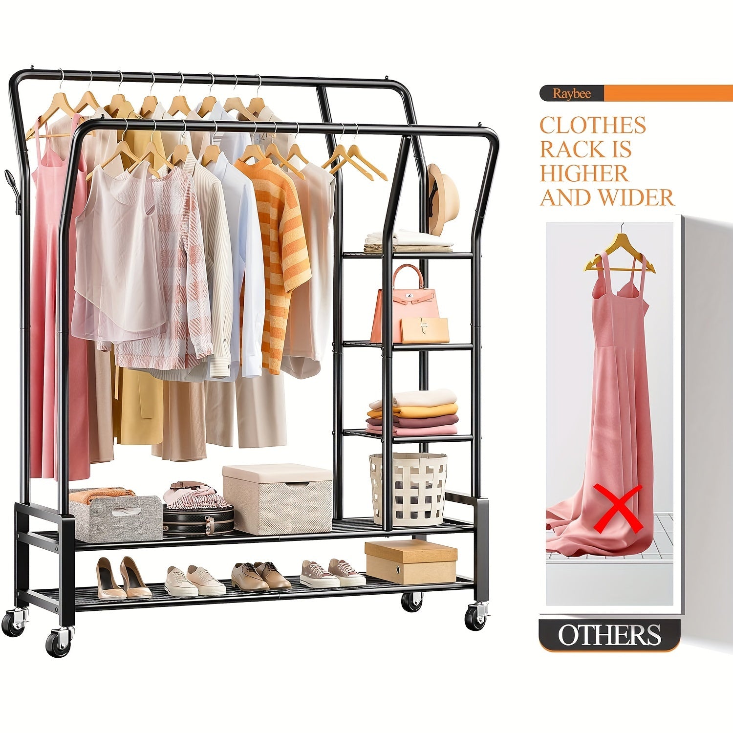 Clothes Rack, Clothing Rack Double Rod Garment Rack Clothing Racks for Hanging Clothes 255LBS Heavy Duty Clothes Rack with Wheels Metal Rolling Closet Rack Laundry Storage Organization