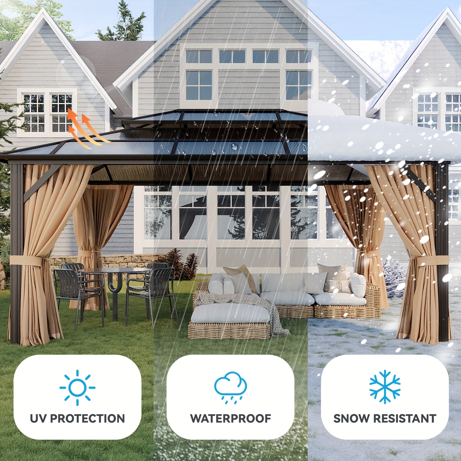 20'x13'/16'x12'/12'x10' Hardtop Gazebo for Patio, Outdoor Aluminum Gazebo with Double Roof, Curtains & Netting, Weather-Resistant Permanent Pavilion, Backyard Patio Furniture for Garden, Lawn, Deck (Brown/Gray)