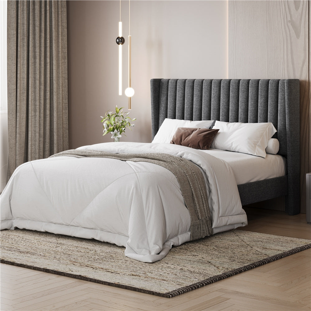 Costoffs Upholstered Bed Frame Full/Queen/King Size, Winged Headboard, Non-Slip, Noiseless, Wooden Slats, Bedroom Furniture, Easy Setup, No Box Spring Required, Installation Guide Included