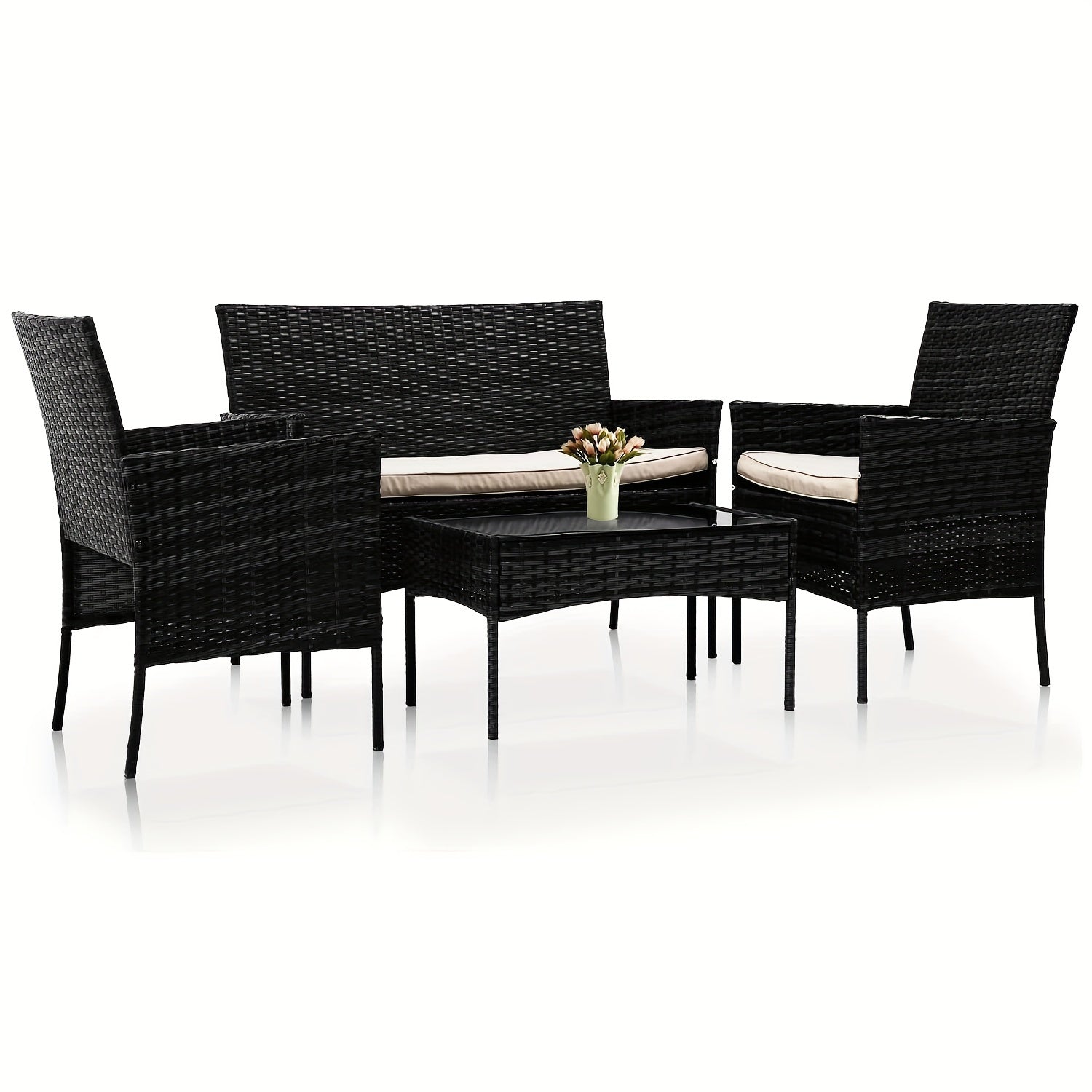 4 Pieces Patio Furniture Set - Wicker Rattan Sofa with Soft Cushion and Glass Table - Outdoor Furniture for Garden, Yard, Pool, or Backyard - Perfect for Relaxing and Entertaining - Ideal Gift for Housewarming