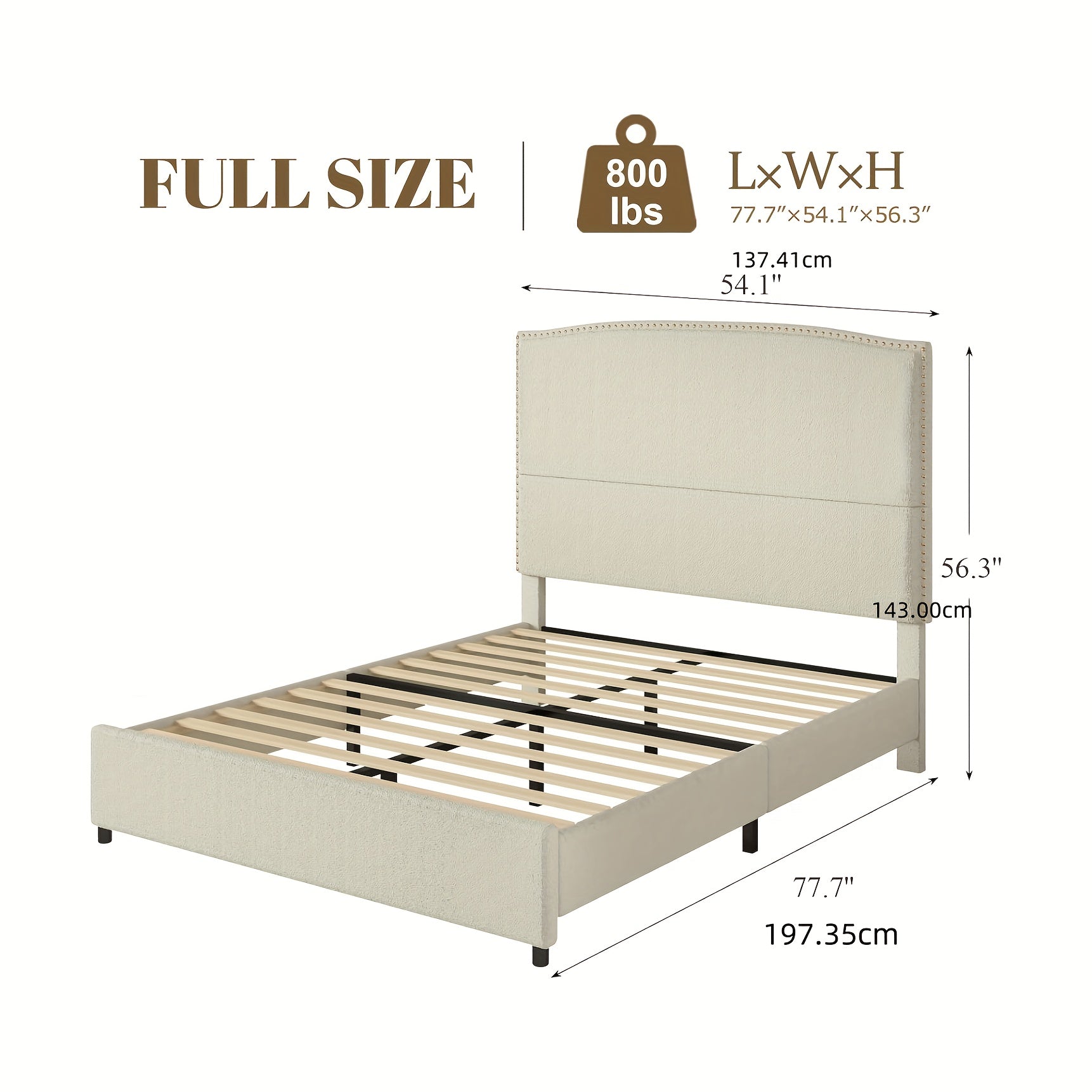 Elegant Queen King Size Bed Frame with 56" Tall Headboard, Boucle Upholstered Platform Bed with Nailhead Trim, Soft Beige/Grey/White Fabric, No Box Spring Needed, Easy Assembly, Classic Hardwood Design for a Luxurious Bedroom