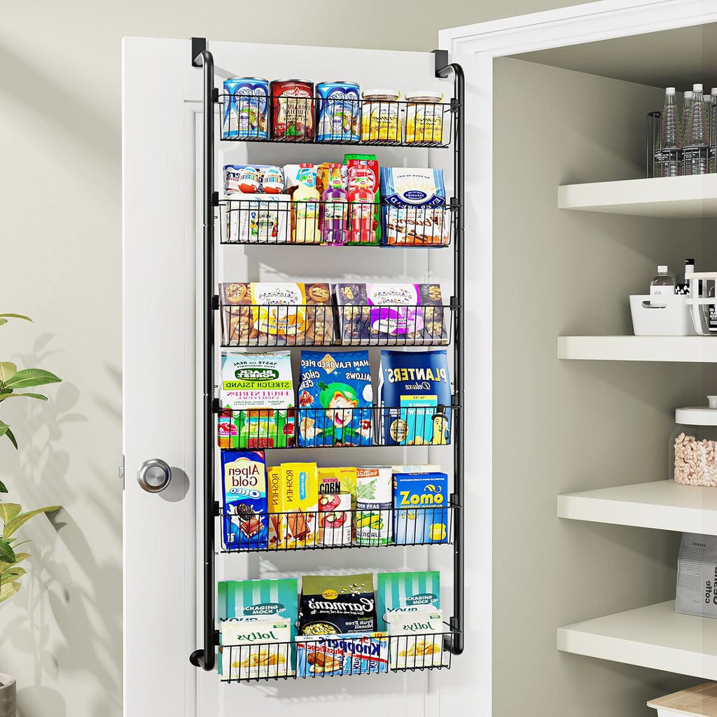 8-Tier & 6-Tier Over-the-Door Pantry Organizer - Versatile Black Metal Hanging Storage Rack for Kitchen, Laundry, Bathroom - Space-Saving Design with Clear Seamless Tape, Scratch-Proof Stickers, Pantry Organization | Versatil