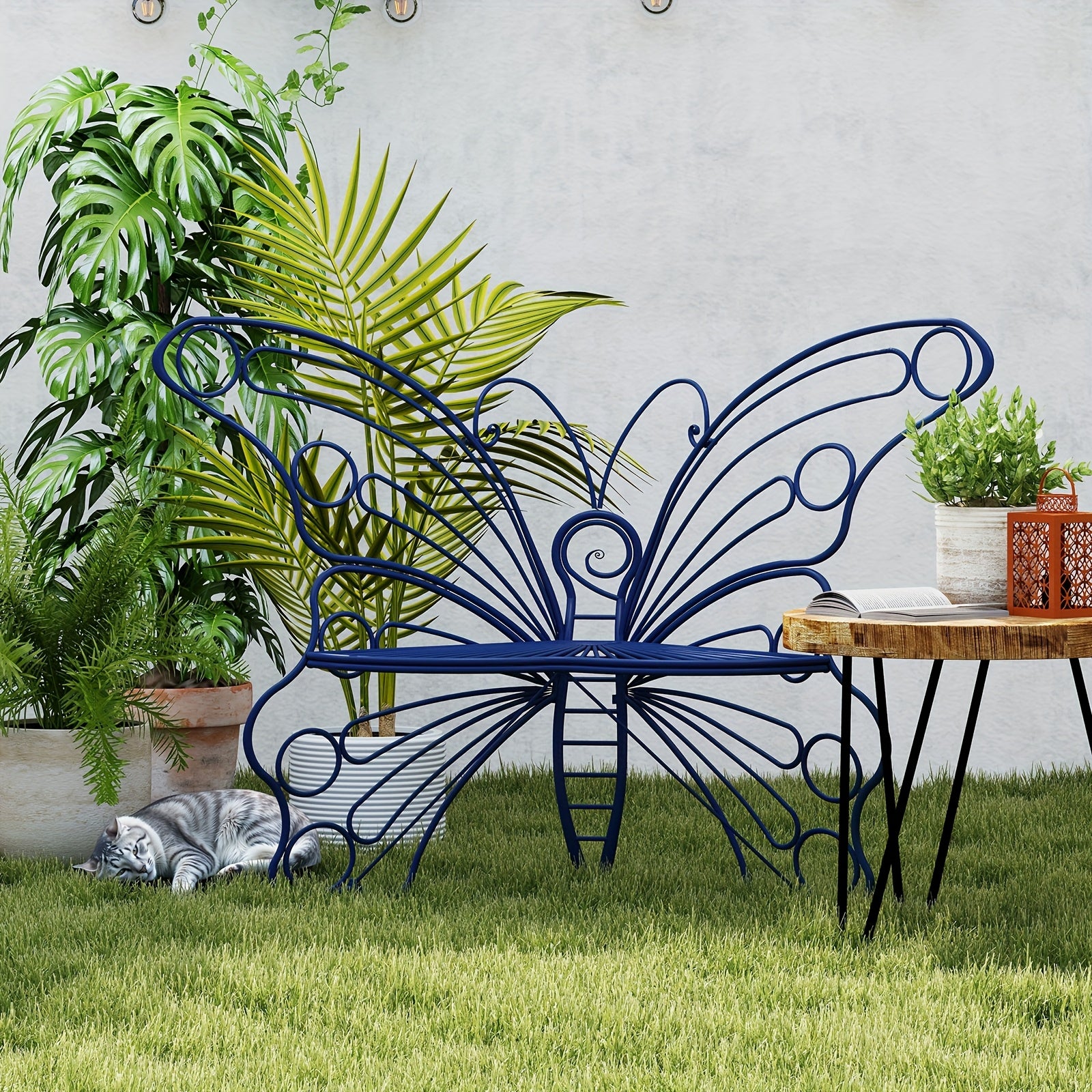 50 Inches Outdoor Bench, Garden Bench with Sturdy Iron Metal Frame, Pretty Butterfly Bench Front Porch Bench for Porch, Lawn, Garden, Yard, Outdoor Bench with Storage, Bench for Garden, Outdoor Furniture, Garden Bench Outdoor