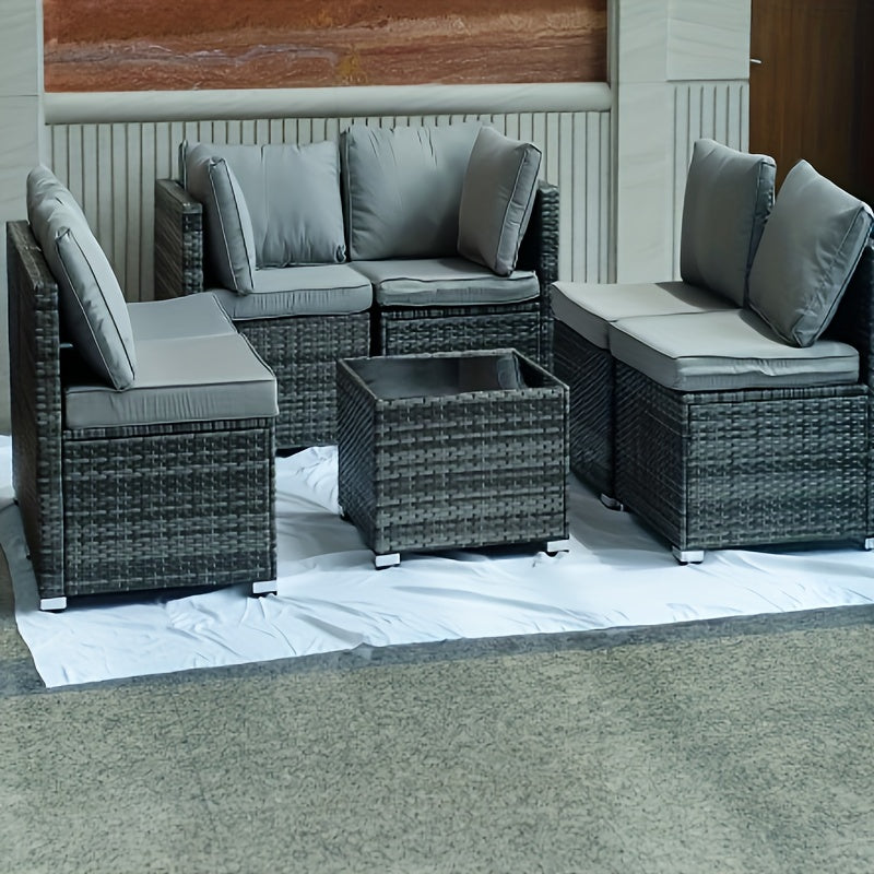 7 Piece Outdoor Patio Furniture Set - Rattan Combination Sofa With Glass Coffee Table For Garden, Poolside And Backyard.