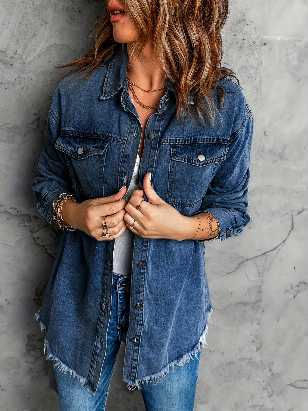 Frayed Hem Long Denim Jackets, Loose Fit Long Sleeves Versatile Lapel Denim Coats, Women's Denim Clothing
