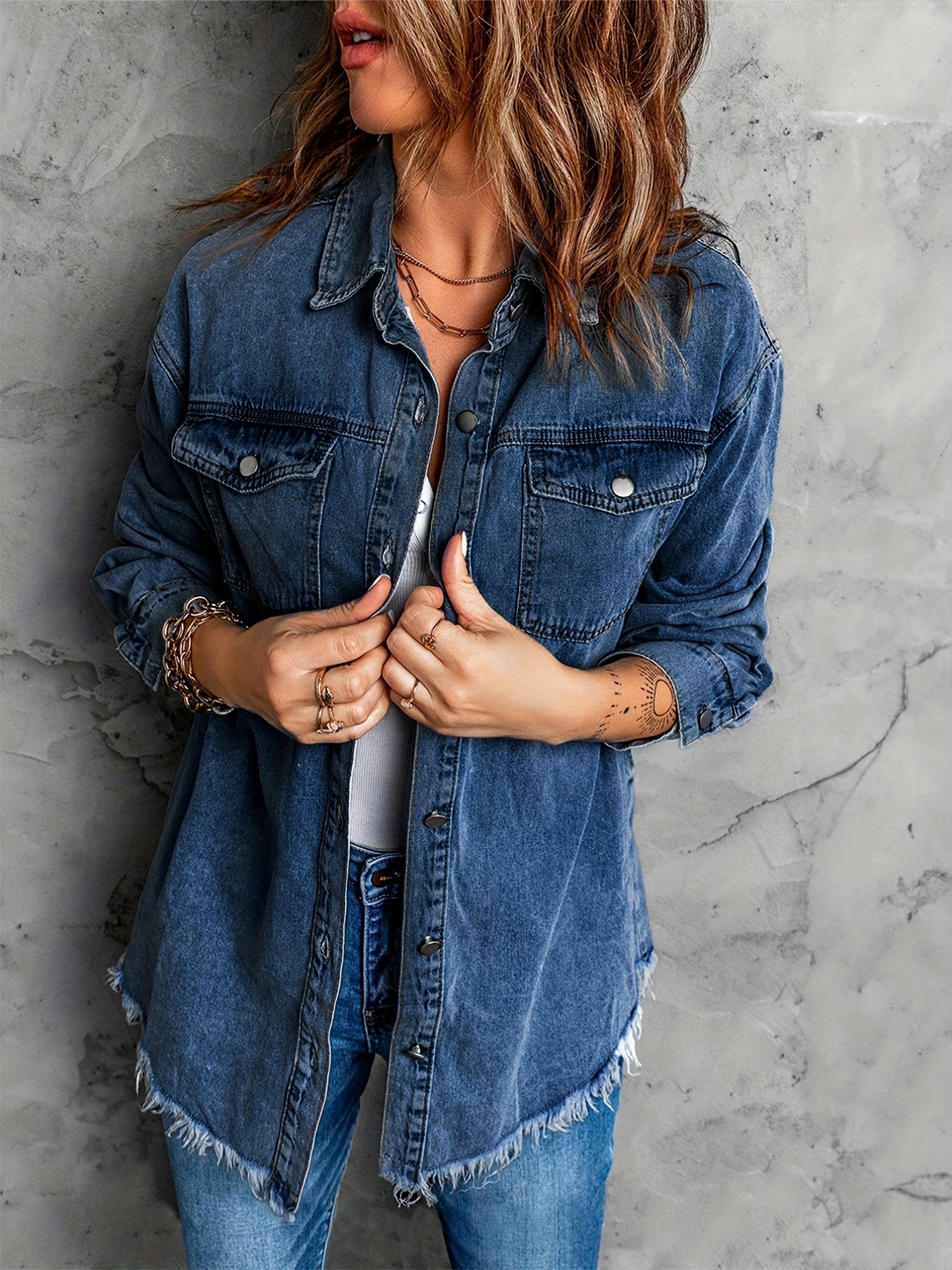 Frayed Hem Long Denim Jackets, Loose Fit Long Sleeves Versatile Lapel Denim Coats, Women's Denim Clothing