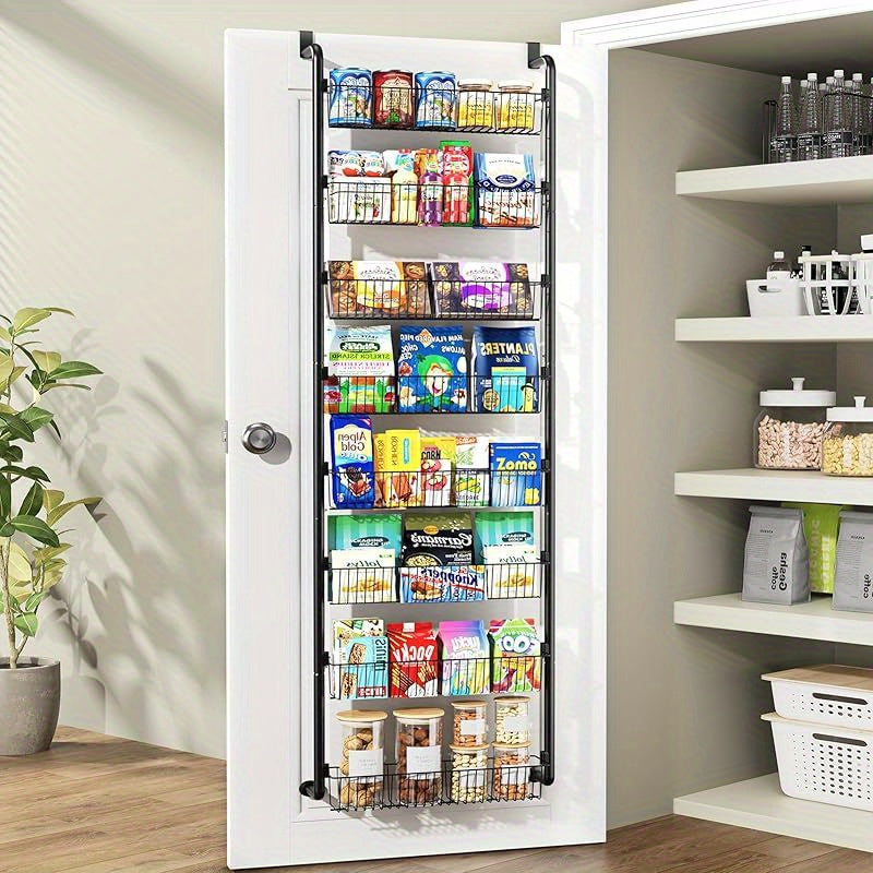 8-Tier & 6-Tier Over-the-Door Pantry Organizer - Versatile Black Metal Hanging Storage Rack for Kitchen, Laundry, Bathroom - Space-Saving Design with Clear Seamless Tape, Scratch-Proof Stickers, Pantry Organization | Versatil