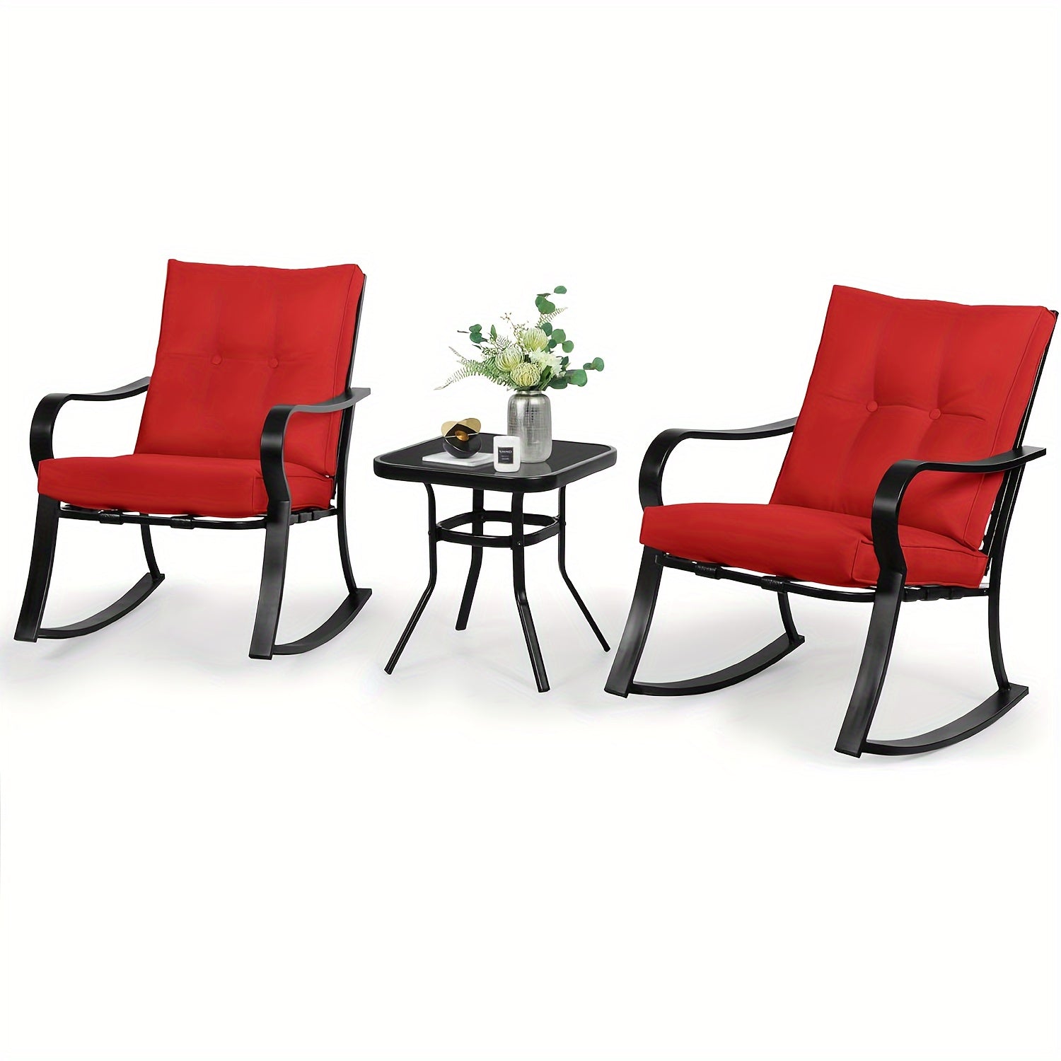 3-Piece Outdoor Rocking Chairs Bistro Set, Black Iron Patio Furniture With Red Thickened Cushion & Glass-Top Coffee Table