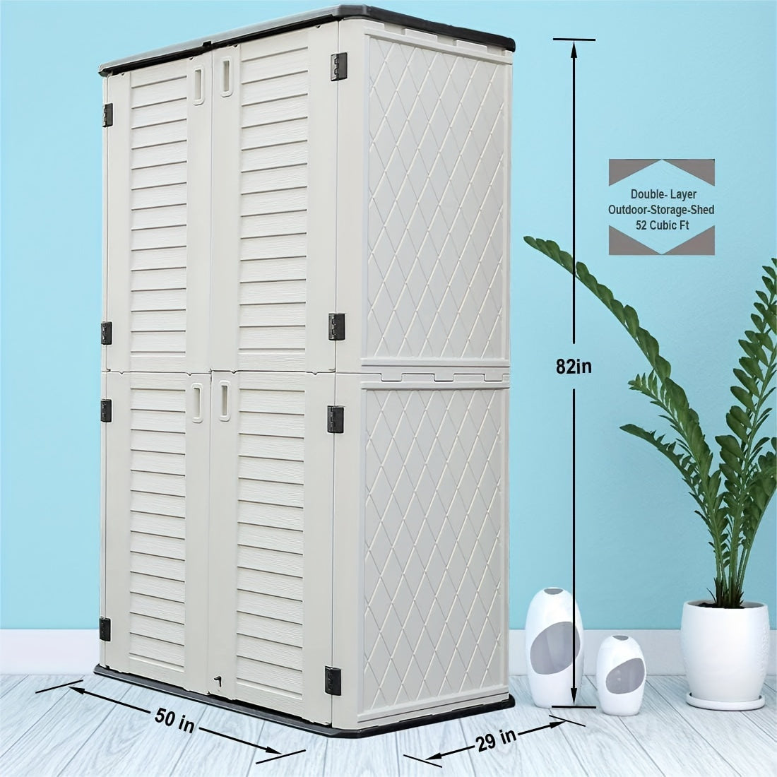 European-style Double-layer Resin Outdoor Storage Shed with Lockable Waterproof Storage Boxes. Ideal for Organizing Patio Furniture, Gardening Tools, Pool Equipment, The Perfect Holiday Gift for Christmas And Thanksgiving