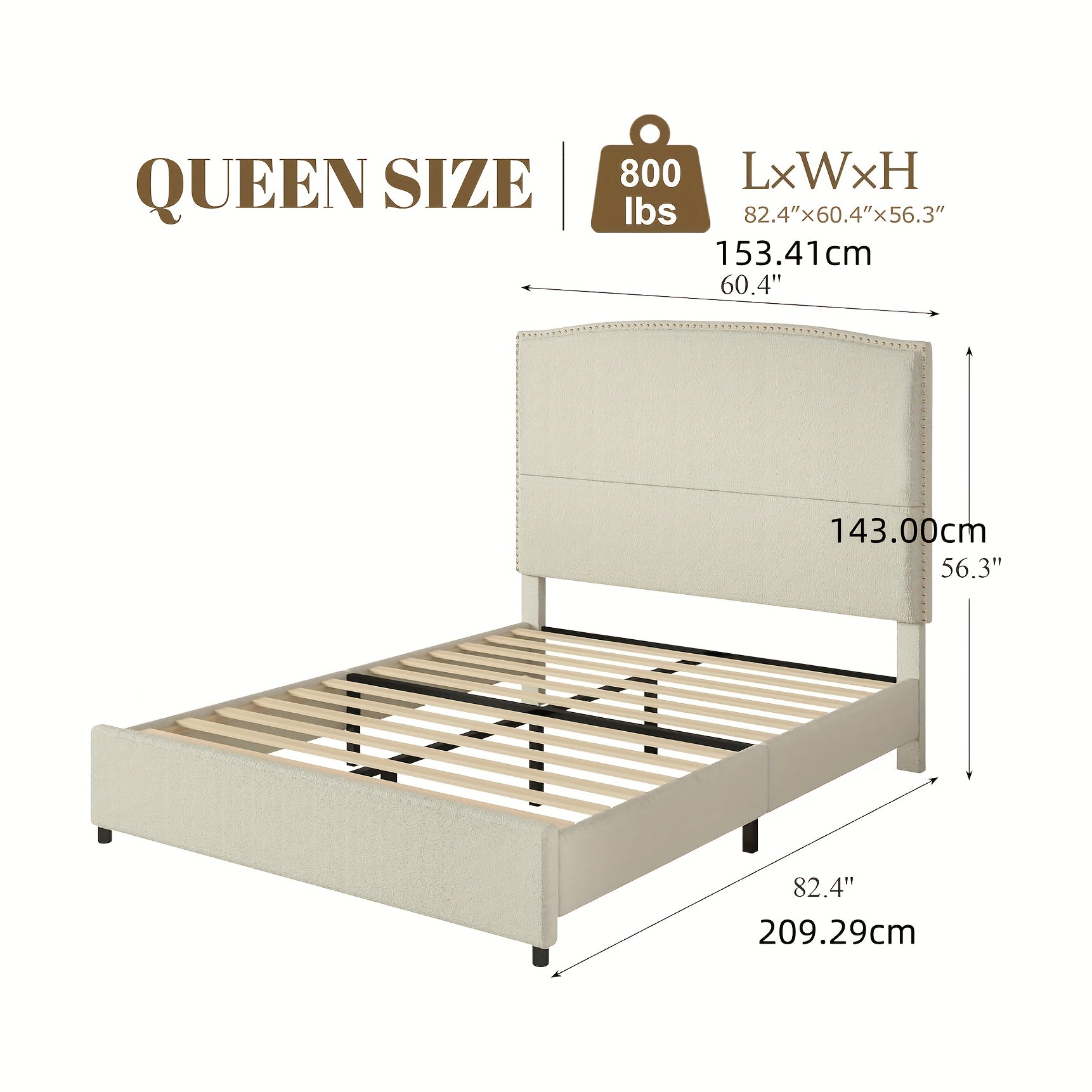 Elegant Queen King Size Bed Frame with 56" Tall Headboard, Boucle Upholstered Platform Bed with Nailhead Trim, Soft Beige/Grey/White Fabric, No Box Spring Needed, Easy Assembly, Classic Hardwood Design for a Luxurious Bedroom