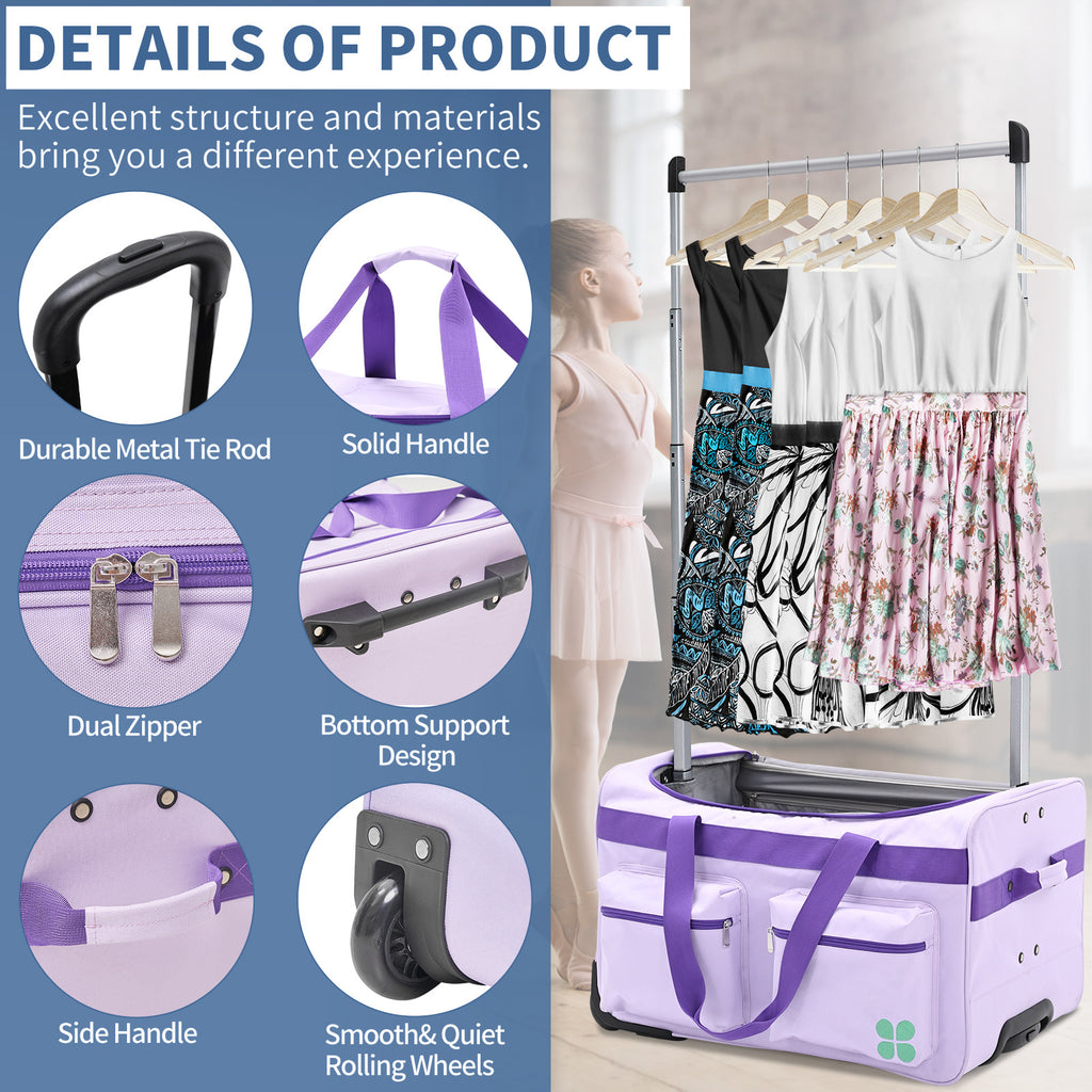Dance Bag With Garment Rack, 27 Inch Dance Competition Bag Garment Duffel Bag For Competition Events, Travel, Recital Events, Rolling Garment Bag Travel Dance Bag for Girls Boys