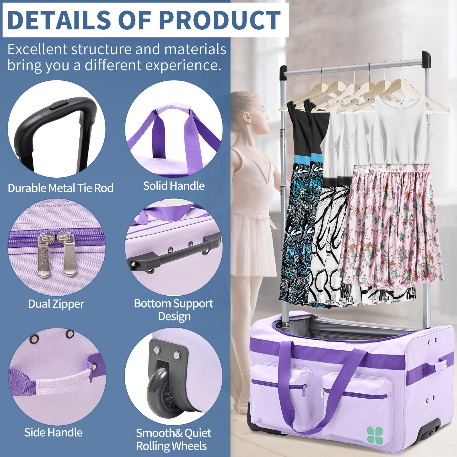 Dance Bag With Garment Rack, 27 Inch Dance Competition Bag Garment Duffel Bag For Competition Events, Travel, Recital Events, Rolling Garment Bag Travel Dance Bag for Girls Boys