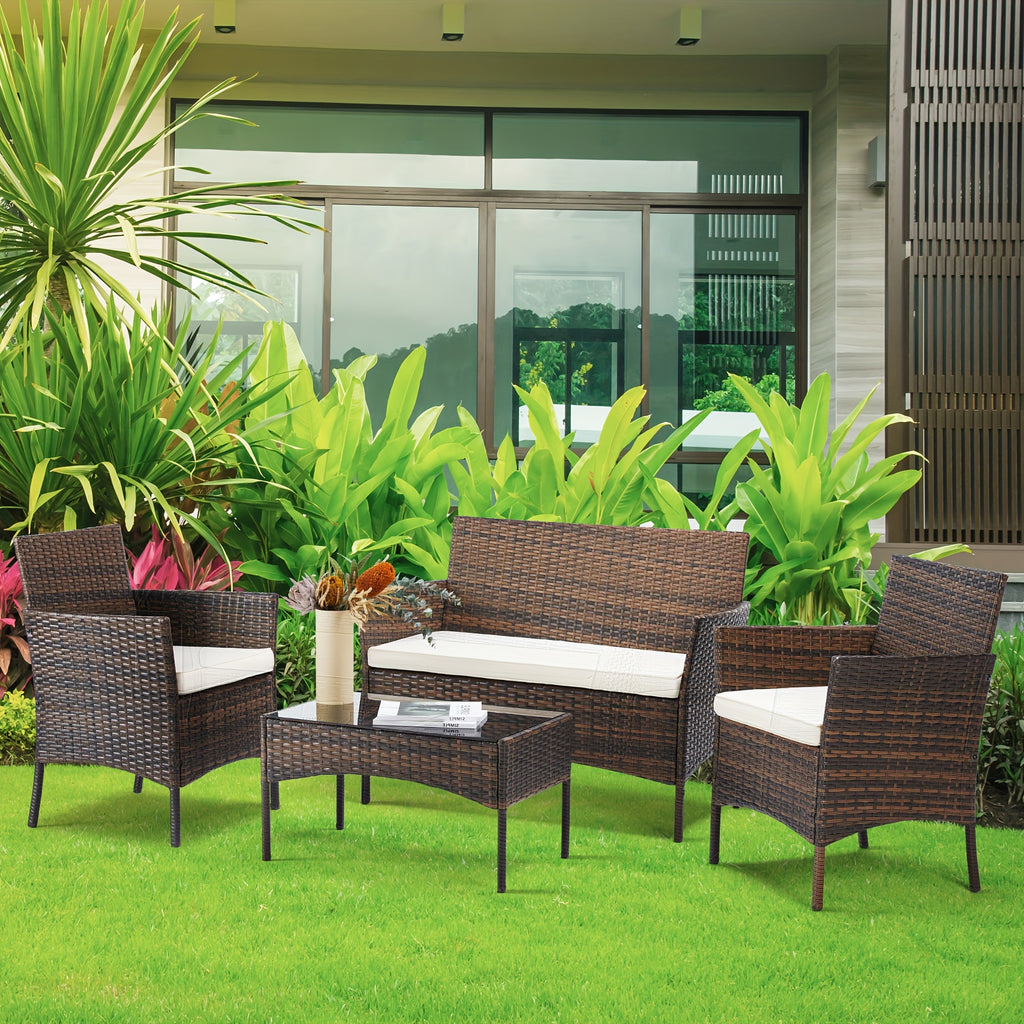4pcs Patio Furniture Set, Outdoor Wicker Set with Coffee Table, Contemporary Rattan Conversation Patio Chairs with Sofa, Ideal for Garden, Terrace, Porch, Balconies, and Lawns, Brown