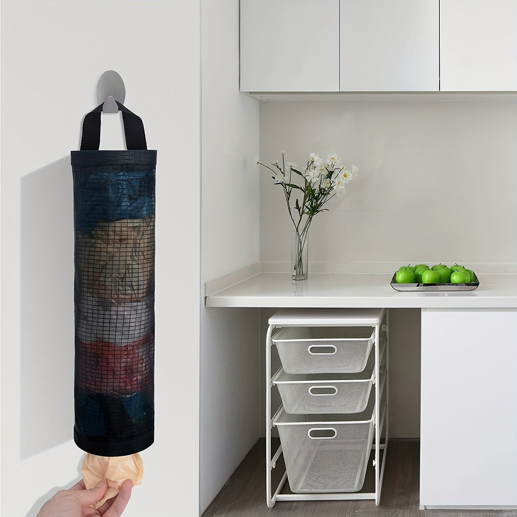 1pc Foldable Mesh Grocery Bag Holder, Breathable Plastic Bag Dispenser, Kitchen Garbage Bag Organizer with Hanging Storage