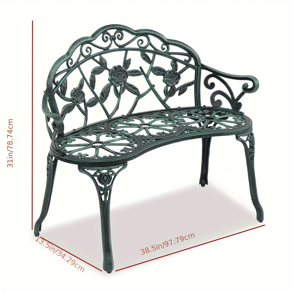1 PC Rust-Proof Cast Iron Garden Bench, 38.5in Outdoor Seating with Elegant Rose Pattern, Foot Levelers, and Patio Furniture in Green