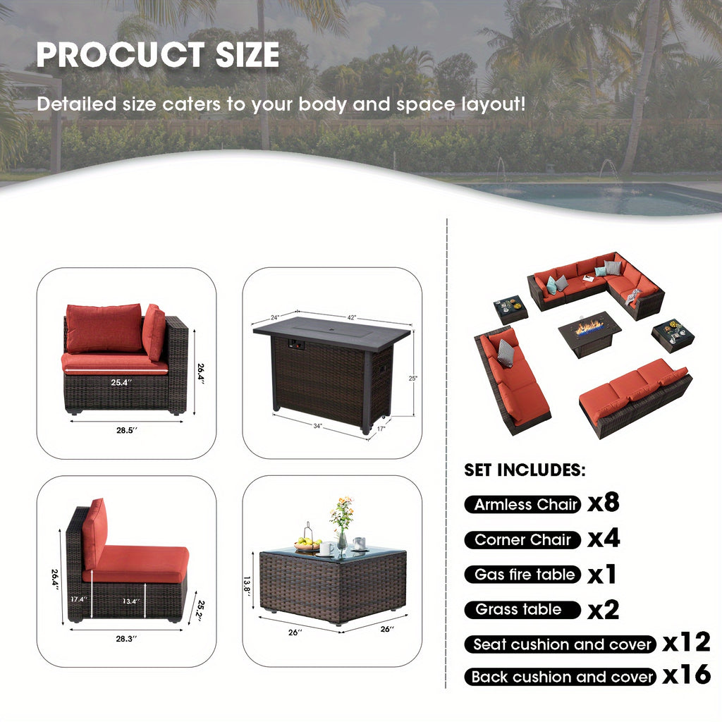 15pcs Patio Furniture Sectional Sofa 50000 BTU Propane Gas Fire Pit Table, Outdoor PE Rattan Patio Conversation Set with Glass Coffee Tables And Cushions for Garden, Poolside, Backyard, Patio Table And Chair Set, Outdoor Pati