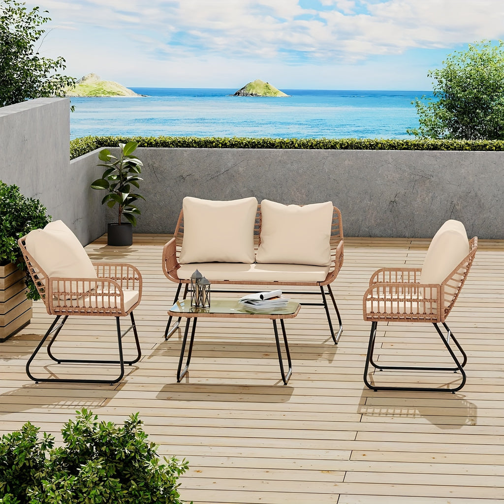 4-Piece Rattan Patio Furniture Set - All-Weather Bistro Conversation Loveseat, Chairs, And Table Set For Outdoor Living Spaces - With Cushions And Metal Table - For Garden Houses & Patios - Perfect for Relaxing & Entertaining