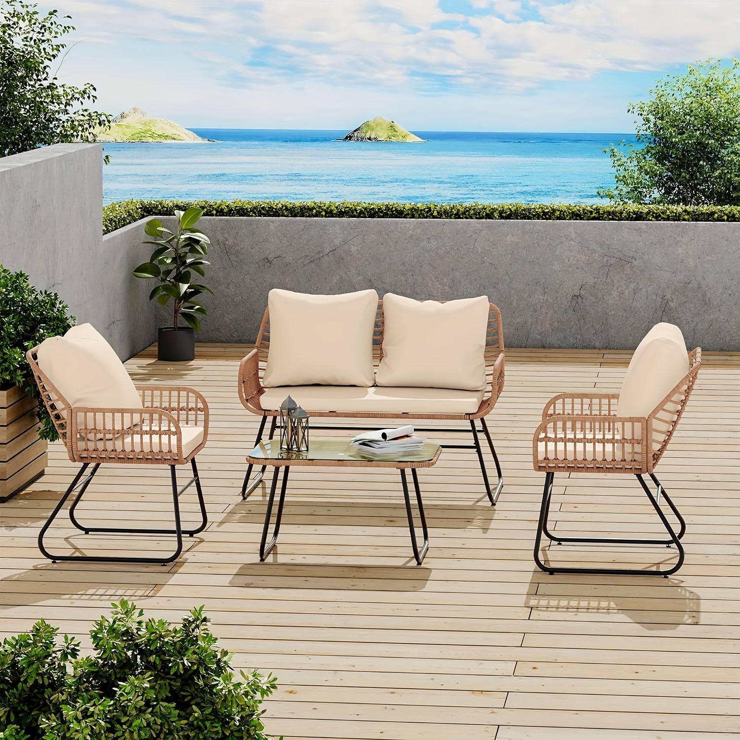 4-Piece Rattan Patio Furniture Set - All-Weather Bistro Conversation Loveseat, Chairs, And Table Set For Outdoor Living Spaces - With Cushions And Metal Table - For Garden Houses & Patios - Perfect for Relaxing & Entertaining