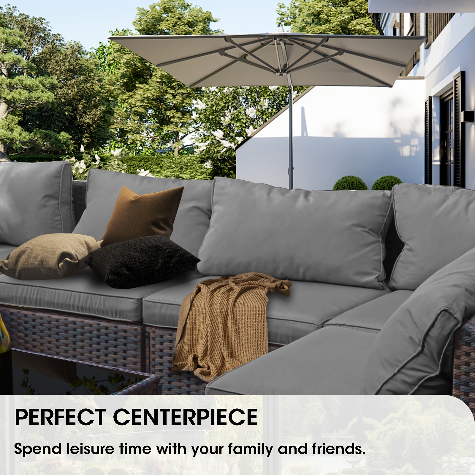 7pcs All-Weather PE Rattan Wicker Outdoor Sectional Patio Furniture Set with Fire Pit Table, Memory Foam Cushions & Brown Tapered Legs - Modular L-Shaped or Straight Configuration, Durable Wicker for Backyard, Garden, Poolsid