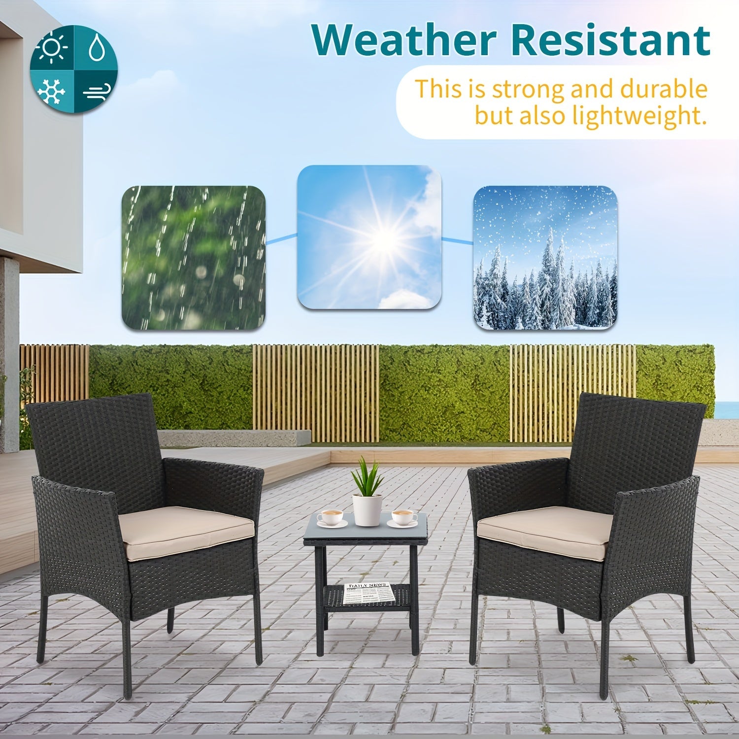 3-Piece PE Rattan Wicker Patio Furniture Set with Handrail - Sturdy Steel Bracket, Comfortable Cushions, and Coffee Table for Outdoor Relaxation in Yard, Balcony, Poolside, and Garden