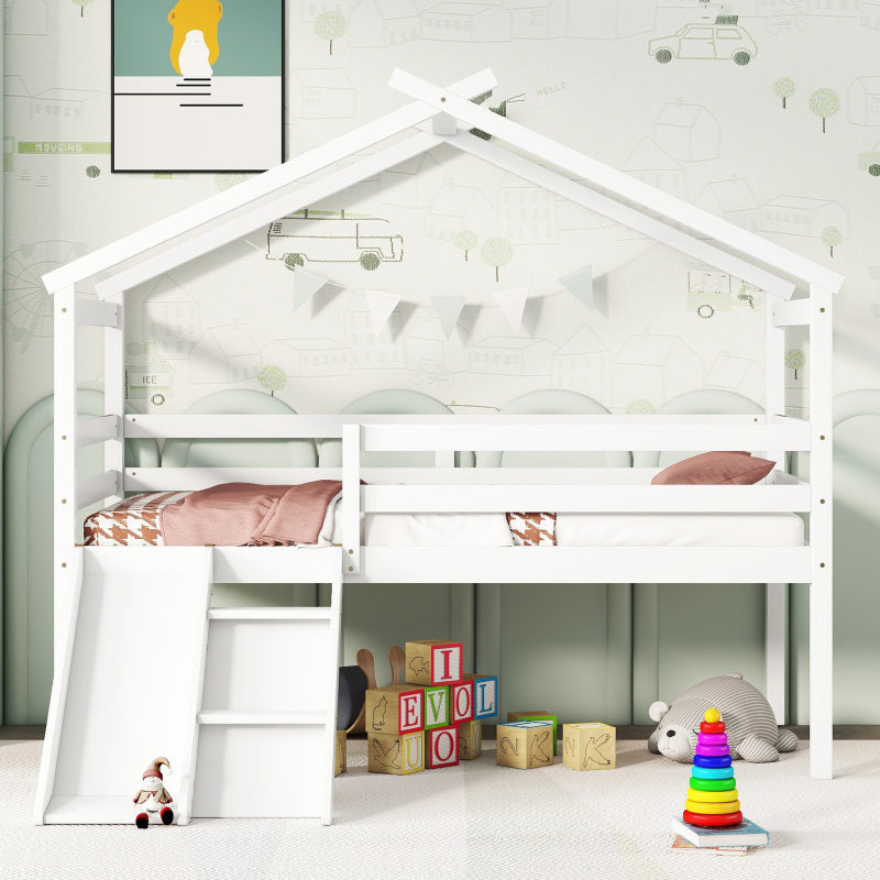 GINOST Twin Low Loft House Bed with Slide & Ladder - White Wooden Frame, Safety Guardrails, Built-in Storage Shelves, Contemporary Bedroom Furniture, Easy Assembly, No Power Needed, Bedroom Furniture, Playful Design, Sturdy C