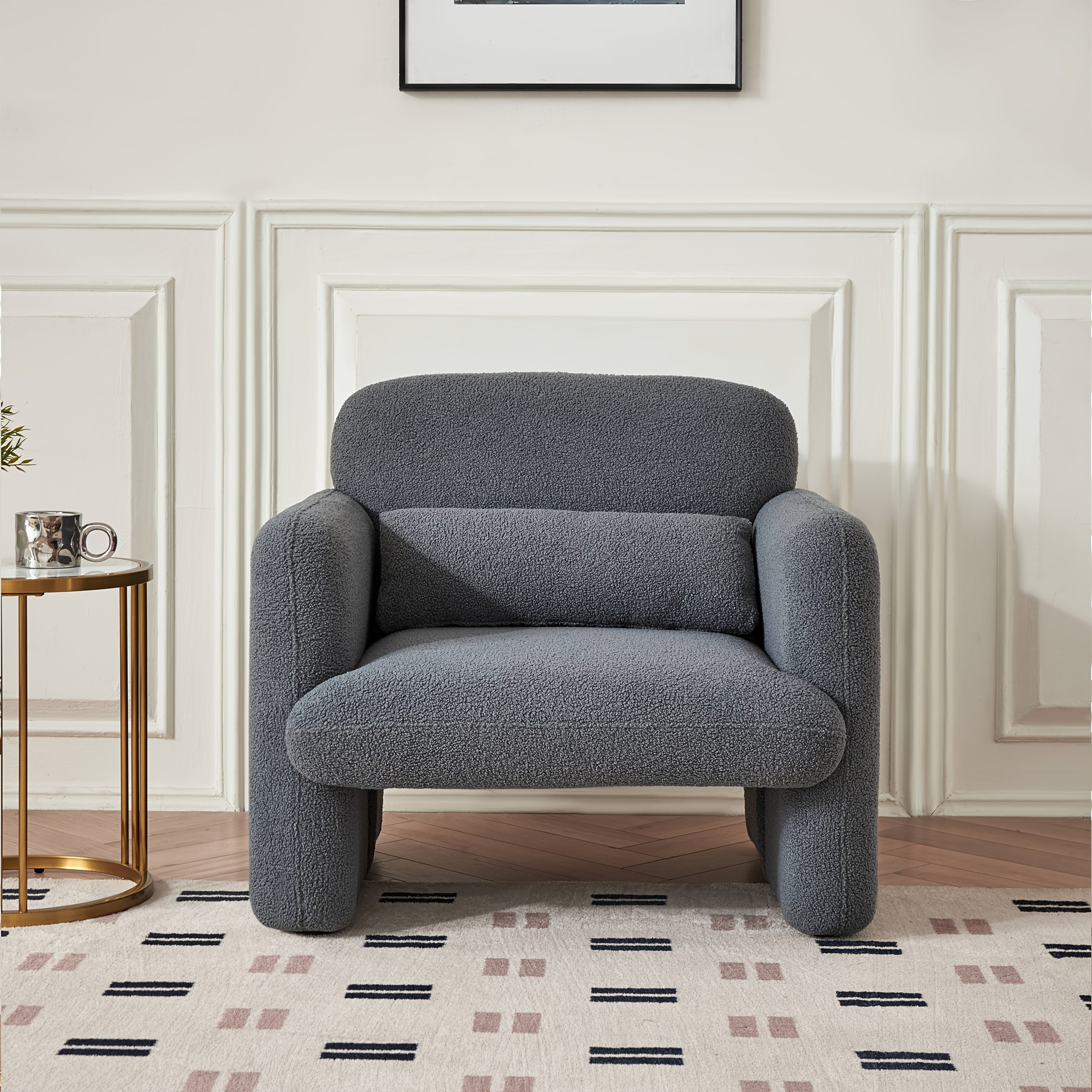 33.86" Accent Chairs, Modern Sherpa Lamb Fabric Armed Chair Comfy Upholstered Armchair Leisure Single Sofa Chair With A Waist Pillow For Bedroom, Office And Living Room