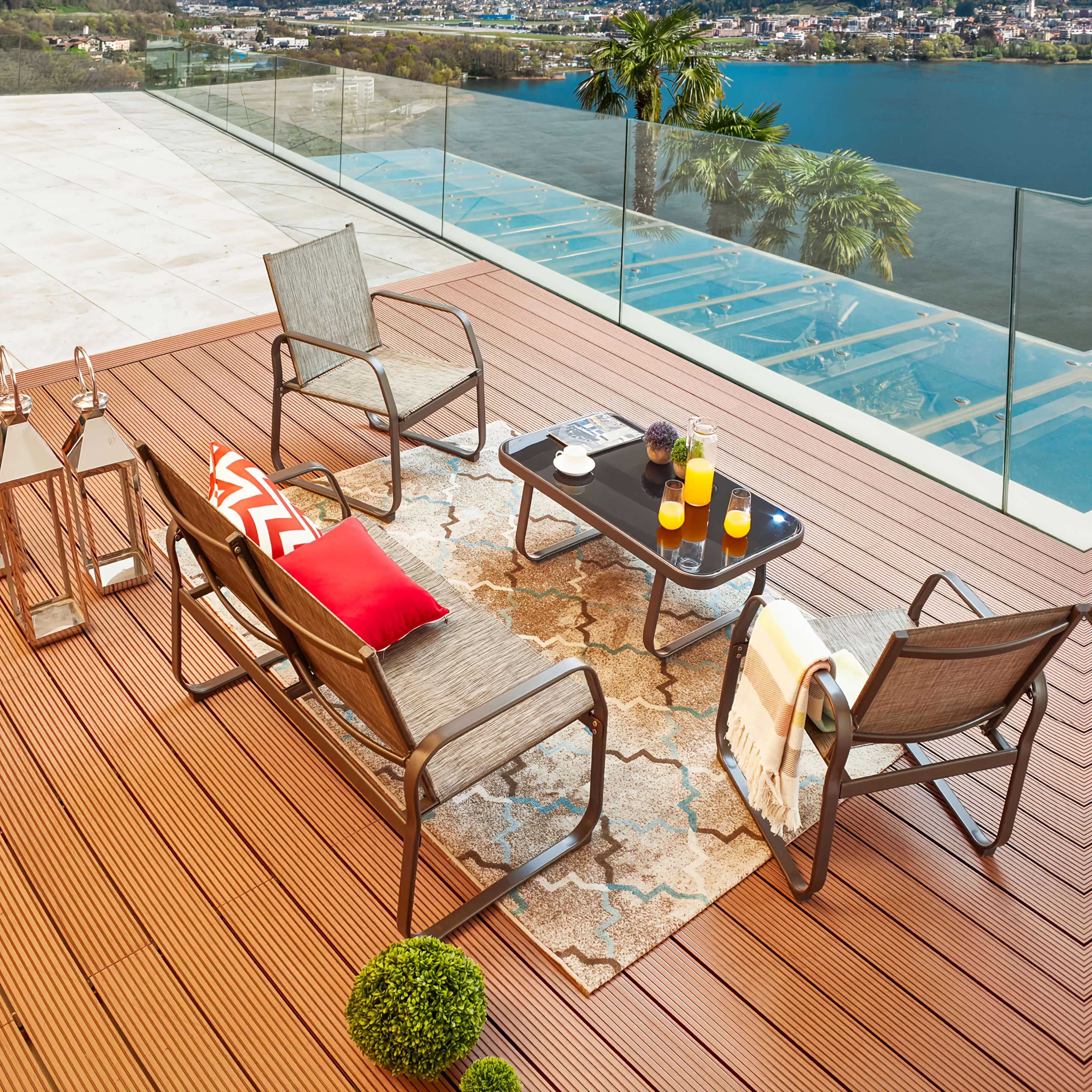 4pcs Patio Furniture Outdoor Bistro Conversation Set With Tempered Glass Coffee Table & Loveseat For Poolside, Porch, Lawn