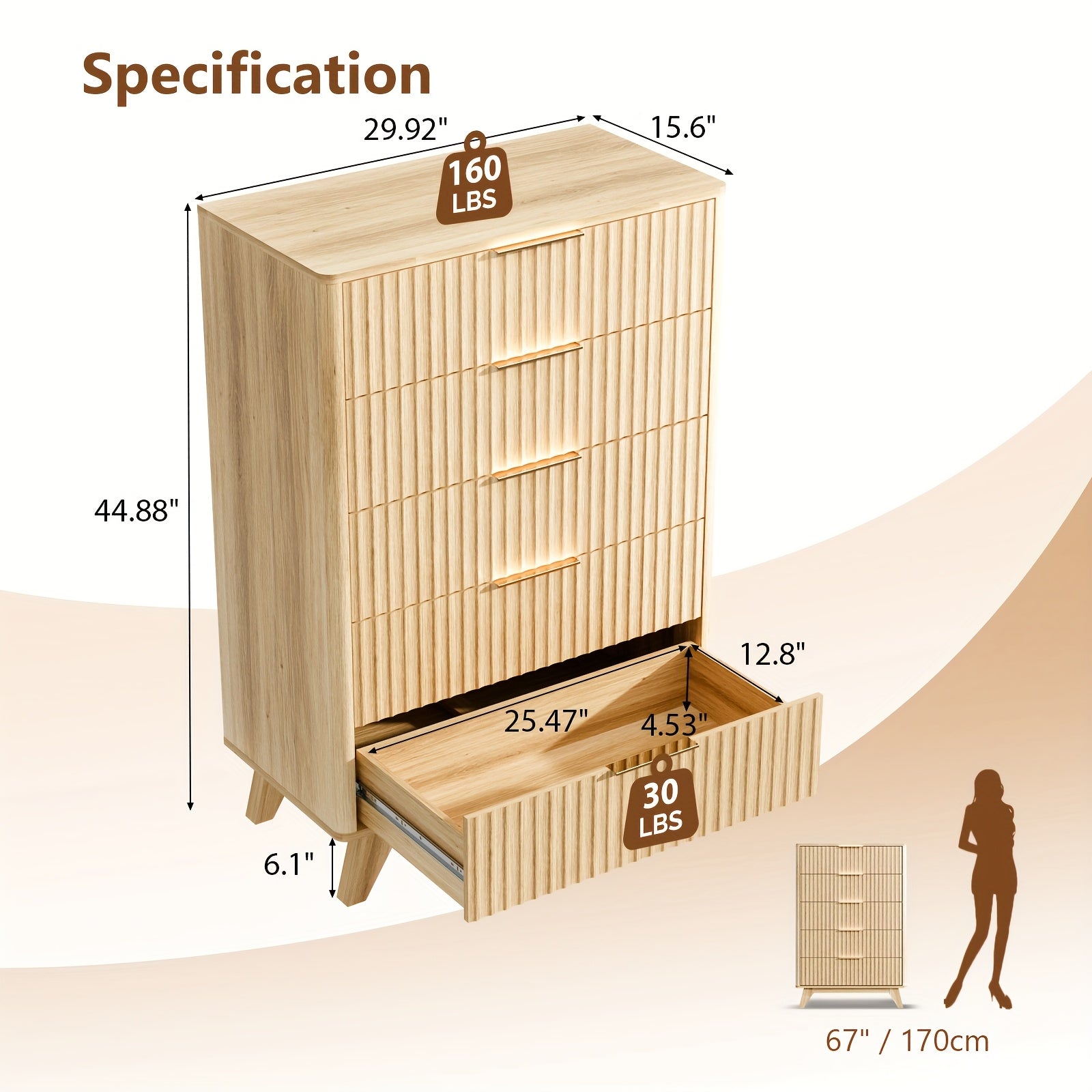 Bonnlo Vintage Fluted Dresser - No Assembly Required 5-Drawer Chest, Solid Hardwood Construction, Beige/ Natural Wood Finish Bedroom Furniture for Living Room, Office - Sturdy Storage Organizer, Home Organization, Elegant Des