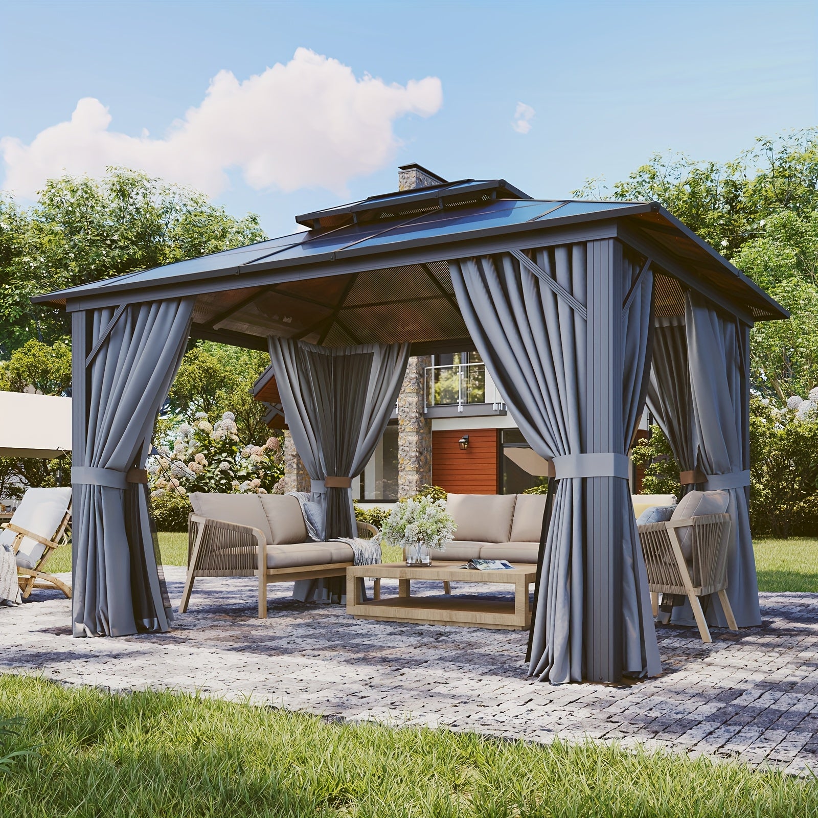 20'x13'/16'x12'/12'x10' Hardtop Gazebo for Patio, Outdoor Aluminum Gazebo with Double Roof, Curtains & Netting, Weather-Resistant Permanent Pavilion, Backyard Patio Furniture for Garden, Lawn, Deck (Brown/Gray)