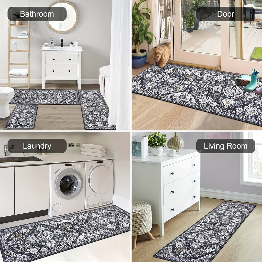 3-Piece Rubber Kitchen Mat Set - Non-Slip, Waterproof, and Stain-Resistant Kitchen Floor Mats for Home Kitchen - Gray/Brown, 20"x32"+20"x48"+20"x60" - Easy to Clean and Maintain