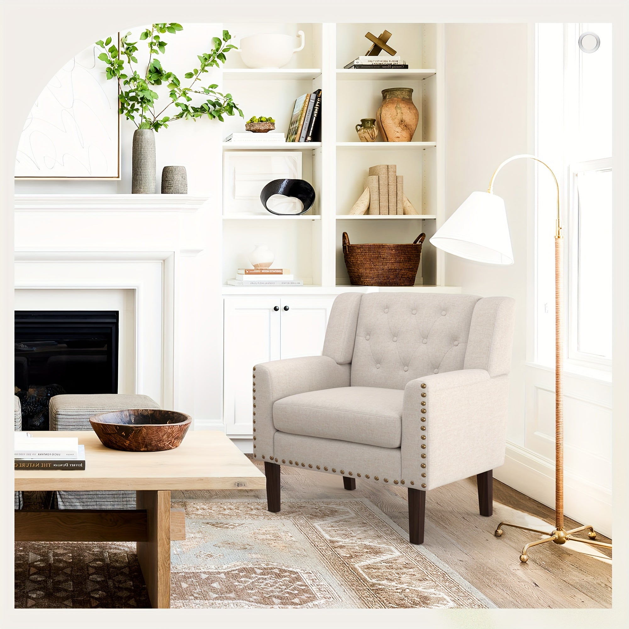 1PCS 350LBS Upholstered Linen Accent Chair, Mid Century Living Room Chair 18.5", Comfy Button Tufted Arm Chair, Accent Chairs For Living Room, Small Spaces, Bedroom,