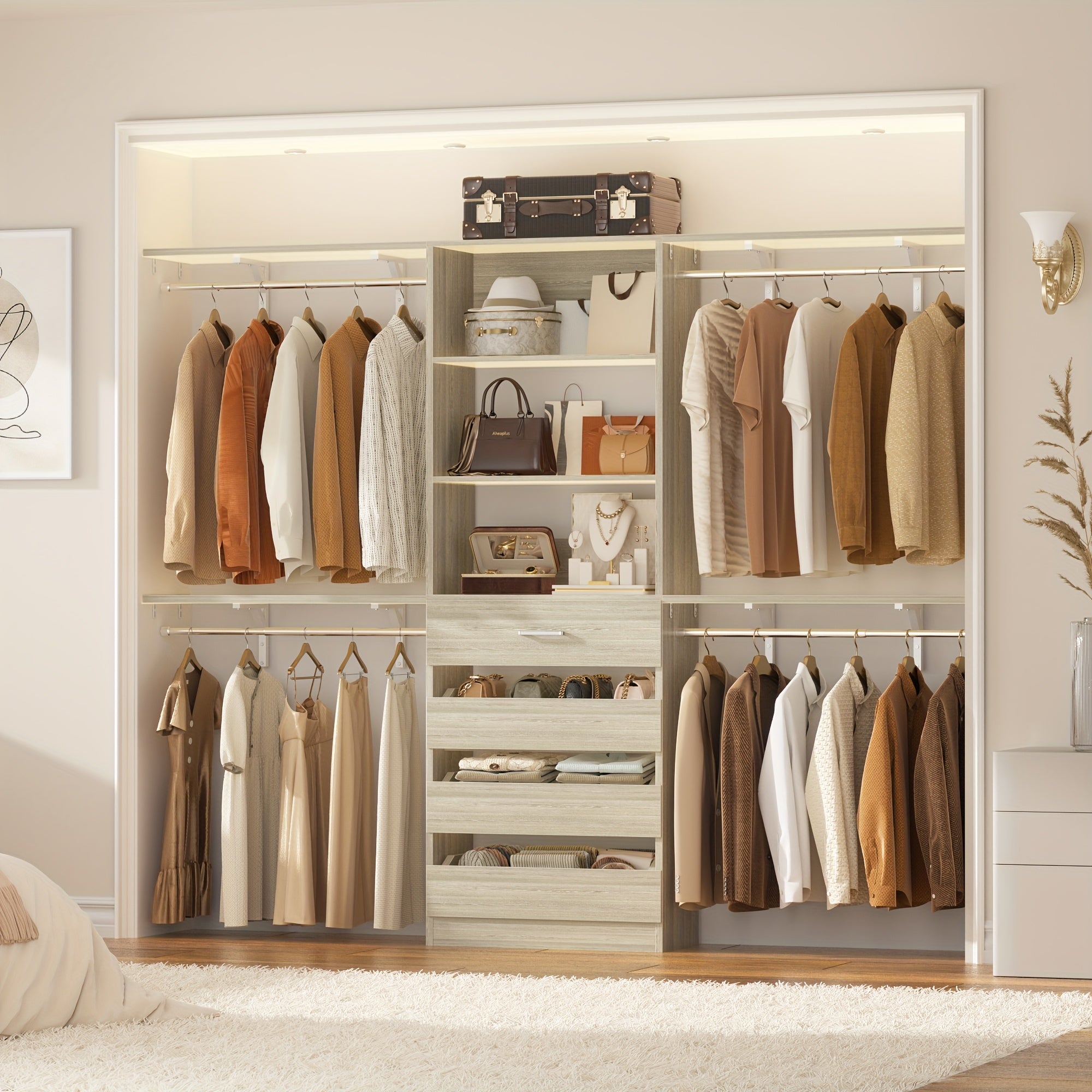 Closet System, 8ft Wood Closet Organizer And Storage System with 4 Drawers, Closet Organizer System, 96'' Walk-in Wardrobe Closet Unit, Closet Clothes Rack with 4 Hanging Rods, Shelves, Adjustable Garment Rack, Cut Fits Space
