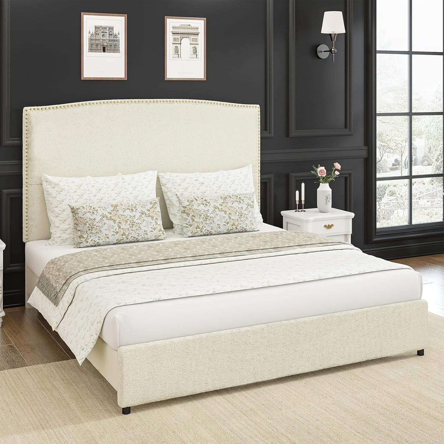 Elegant Queen King Size Bed Frame with 56" Tall Headboard, Boucle Upholstered Platform Bed with Nailhead Trim, Soft Beige/Grey/White Fabric, No Box Spring Needed, Easy Assembly, Classic Hardwood Design for a Luxurious Bedroom