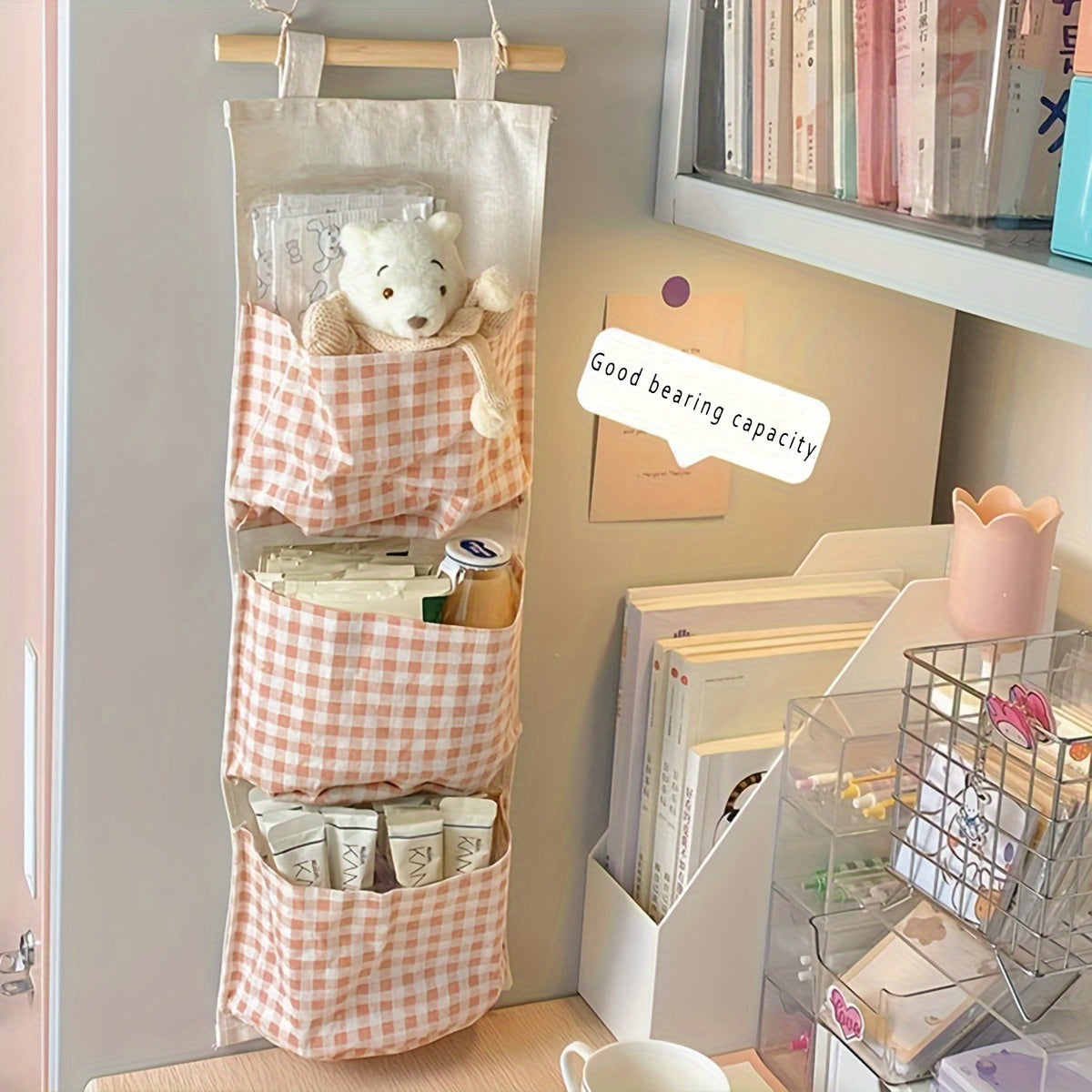 Chic Pink Plaid 3-Pocket Hanging Storage Bag for Youngsters Bottles - Foldable Polyester Organizer for Nursery & Home