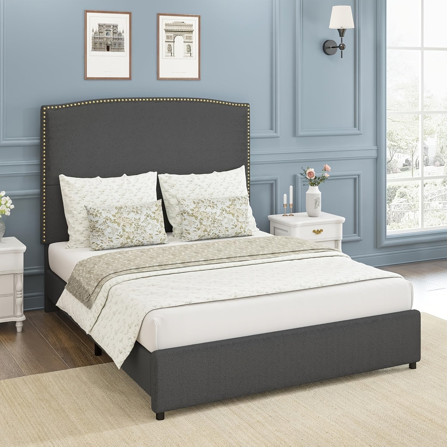 Elegant Queen King Size Bed Frame with 56" Tall Headboard, Boucle Upholstered Platform Bed with Nailhead Trim, Soft Beige/Grey/White Fabric, No Box Spring Needed, Easy Assembly, Classic Hardwood Design for a Luxurious Bedroom