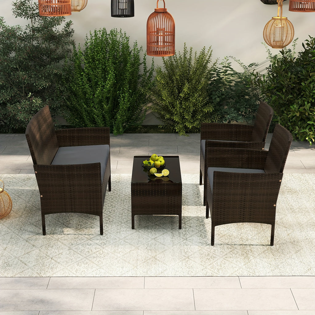 4pcs Patio Furniture Set w/Washable Cushions and Tempered Glass Coffee Table