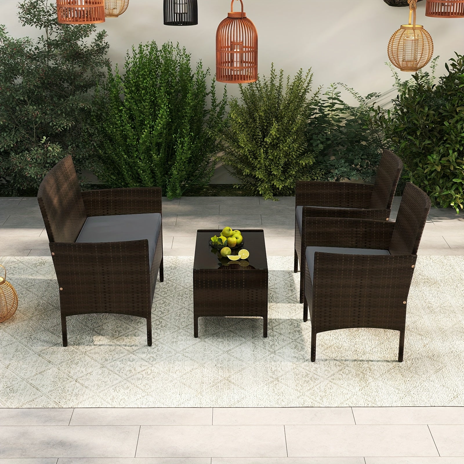 4pcs Patio Furniture Set w/Washable Cushions and Tempered Glass Coffee Table