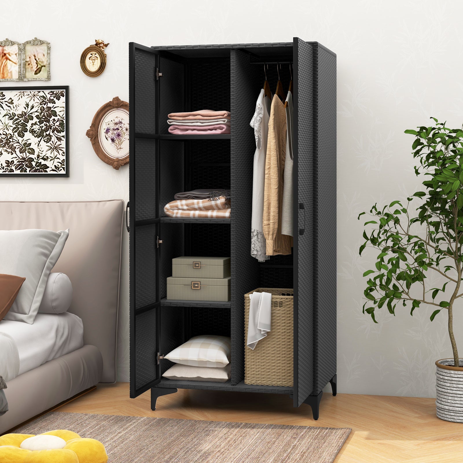 GYMAX 62" Black Wicker Wardrobe with 2 Doors, PE Rattan Armoire Closet on Sturdy Metal Frame - Includes Hanging Rod & 4 Storage Cubes, Ideal for Bedroom, Patio, Garage - Elegant, Durable & Versatile Organizer, Portable Closet