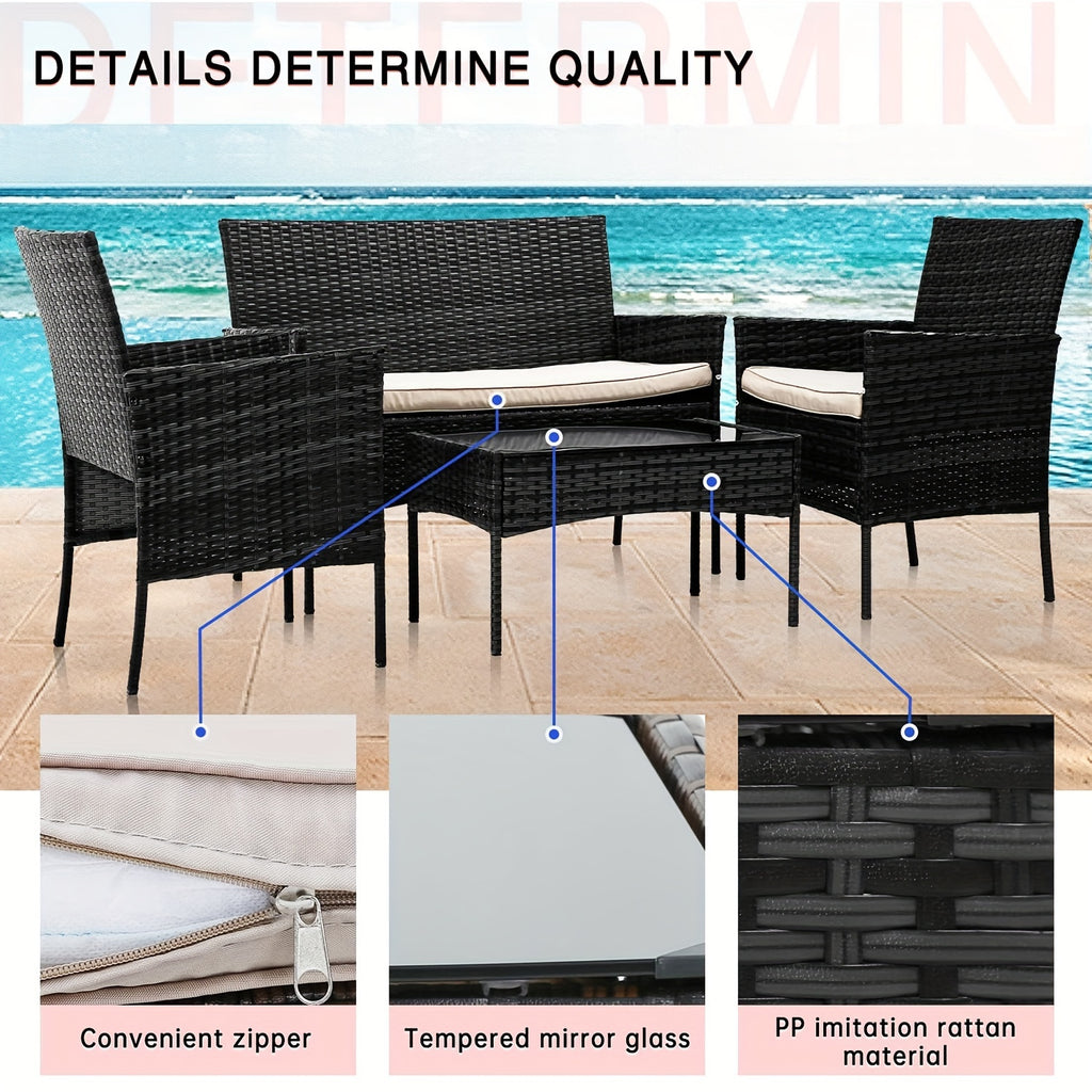 4 Pieces Patio Furniture Set - Wicker Rattan Sofa with Soft Cushion and Glass Table - Outdoor Furniture for Garden, Yard, Pool, or Backyard - Perfect for Relaxing and Entertaining - Ideal Gift for Housewarming