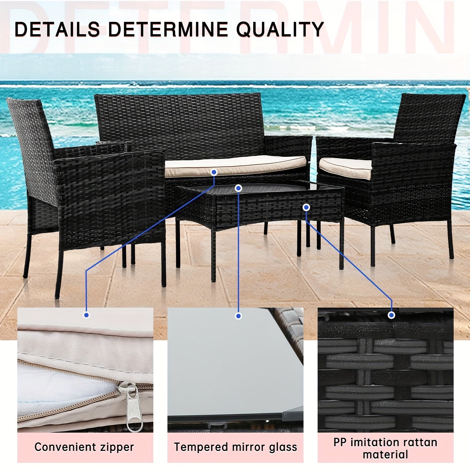 4 Pieces Patio Furniture Set - Wicker Rattan Sofa with Soft Cushion and Glass Table - Outdoor Furniture for Garden, Yard, Pool, or Backyard - Perfect for Relaxing and Entertaining - Ideal Gift for Housewarming