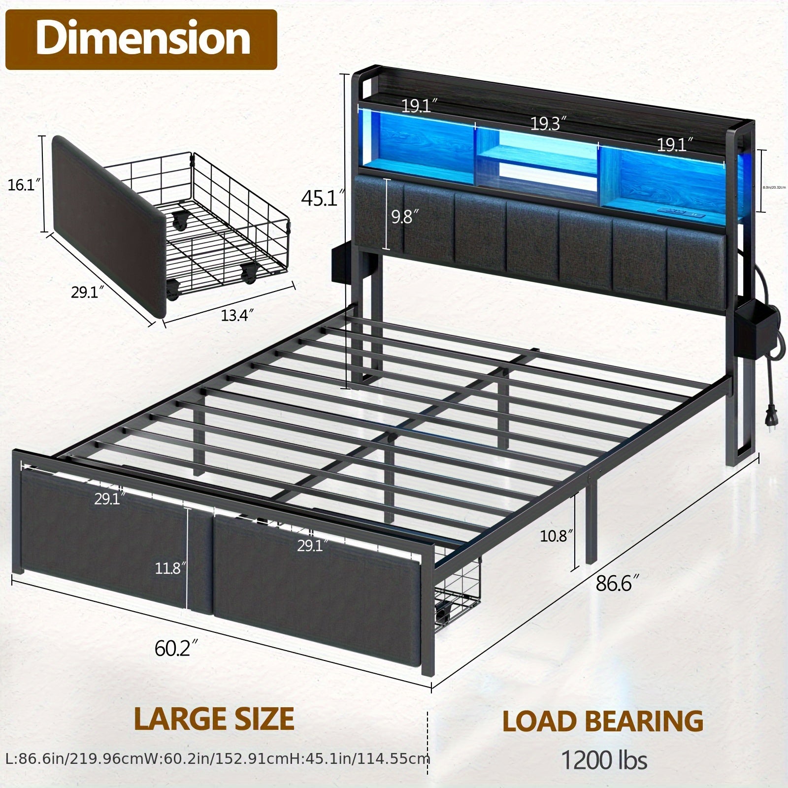 1pc Queen Bed Frame with RGB LED Lighting & Dual USB Ports - Heavy-Duty Platform Bed with 11.8" Deep Storage Drawers, Under-Bed Organization - Modern Bedroom Furniture for Space-Saving Homes - Compatible with US Outlets (125V