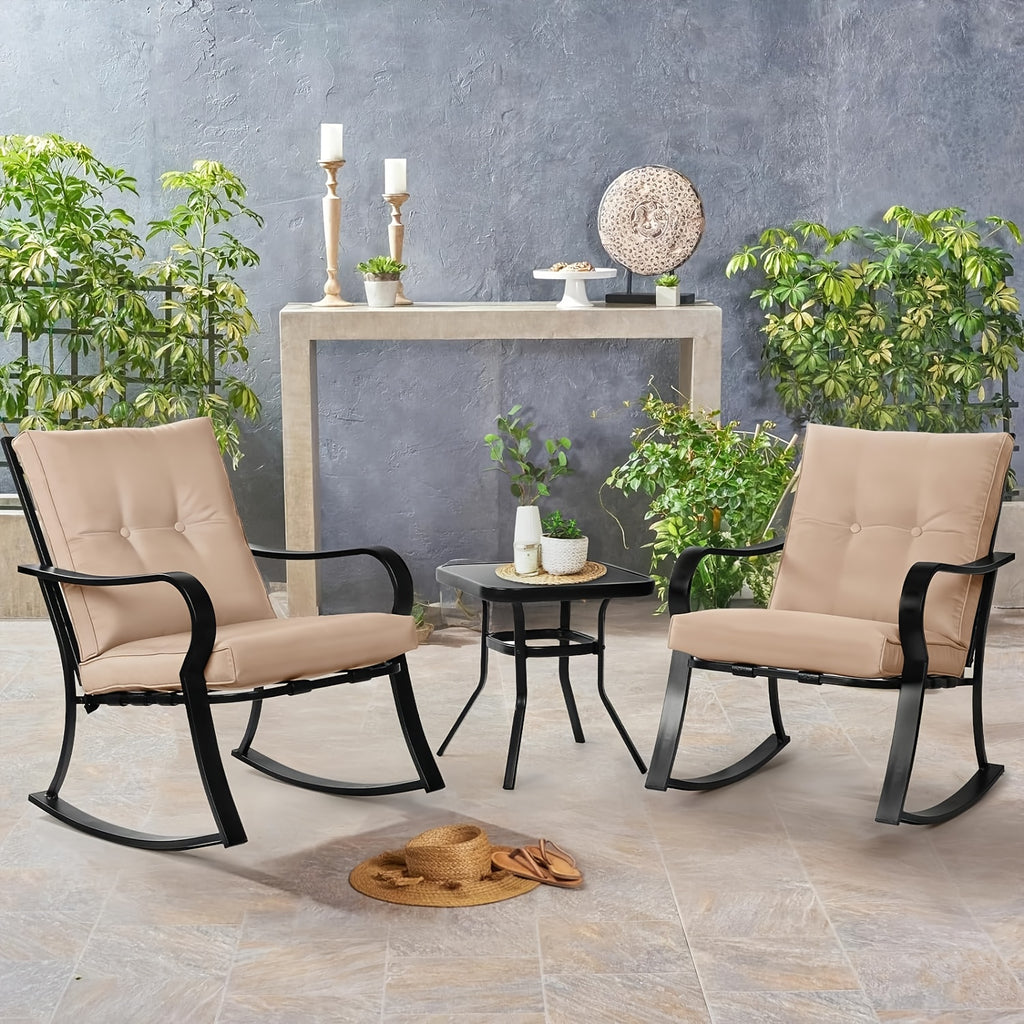 3-Piece Outdoor Rocking Chairs Bistro Set, Black Iron Patio Furniture With Red Thickened Cushion & Glass-Top Coffee Table