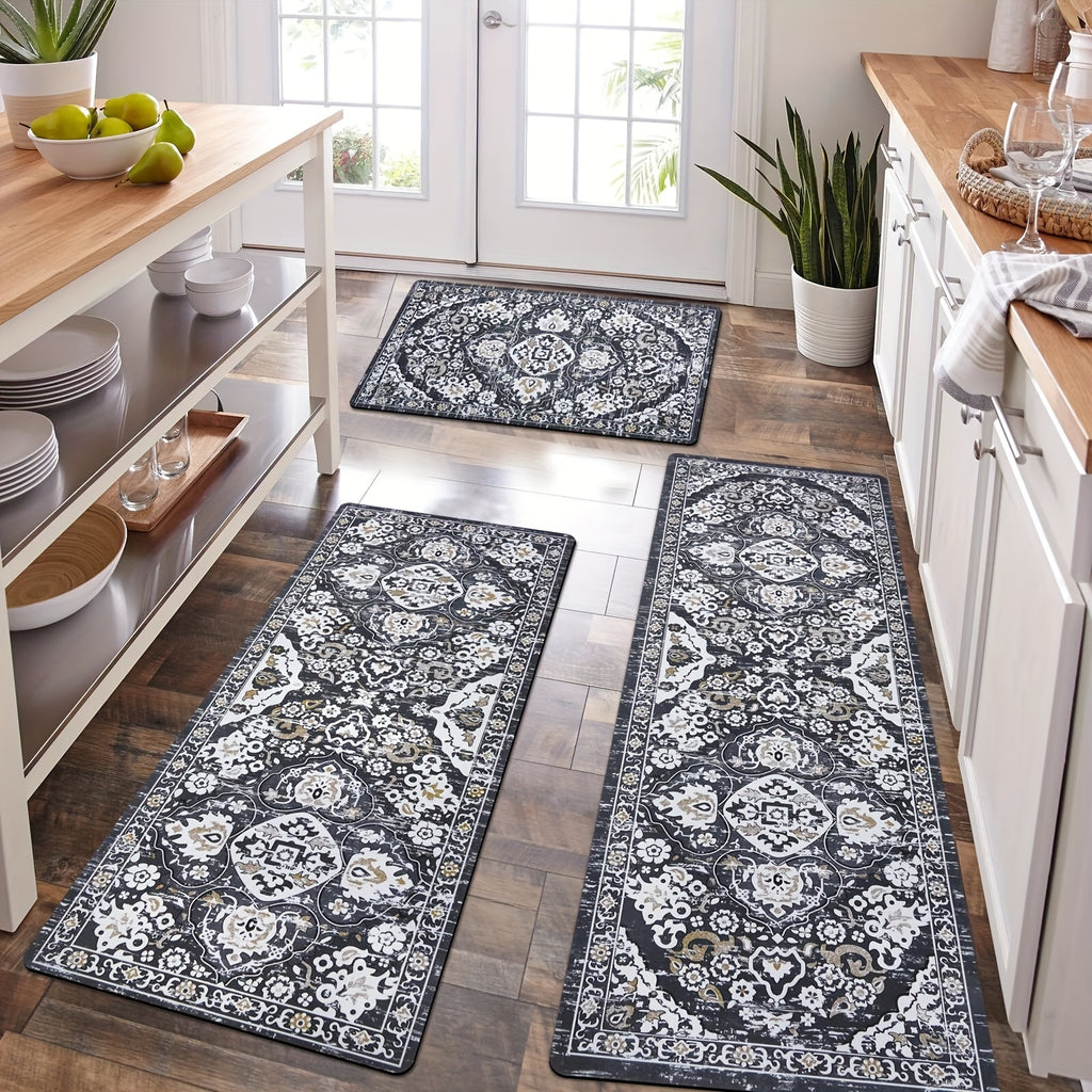 3-Piece Rubber Kitchen Mat Set - Non-Slip, Waterproof, and Stain-Resistant Kitchen Floor Mats for Home Kitchen - Gray/Brown, 20"x32"+20"x48"+20"x60" - Easy to Clean and Maintain