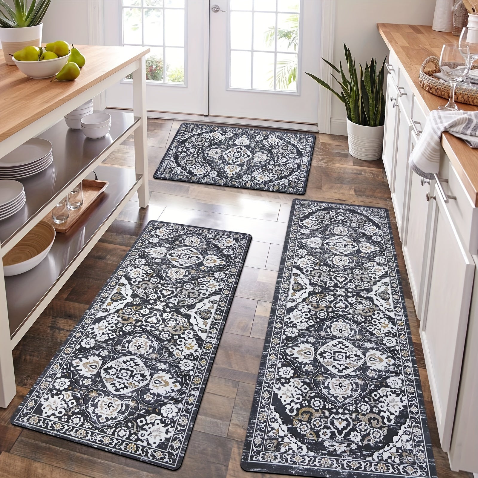 3-Piece Rubber Kitchen Mat Set - Non-Slip, Waterproof, and Stain-Resistant Kitchen Floor Mats for Home Kitchen - Gray/Brown, 20"x32"+20"x48"+20"x60" - Easy to Clean and Maintain