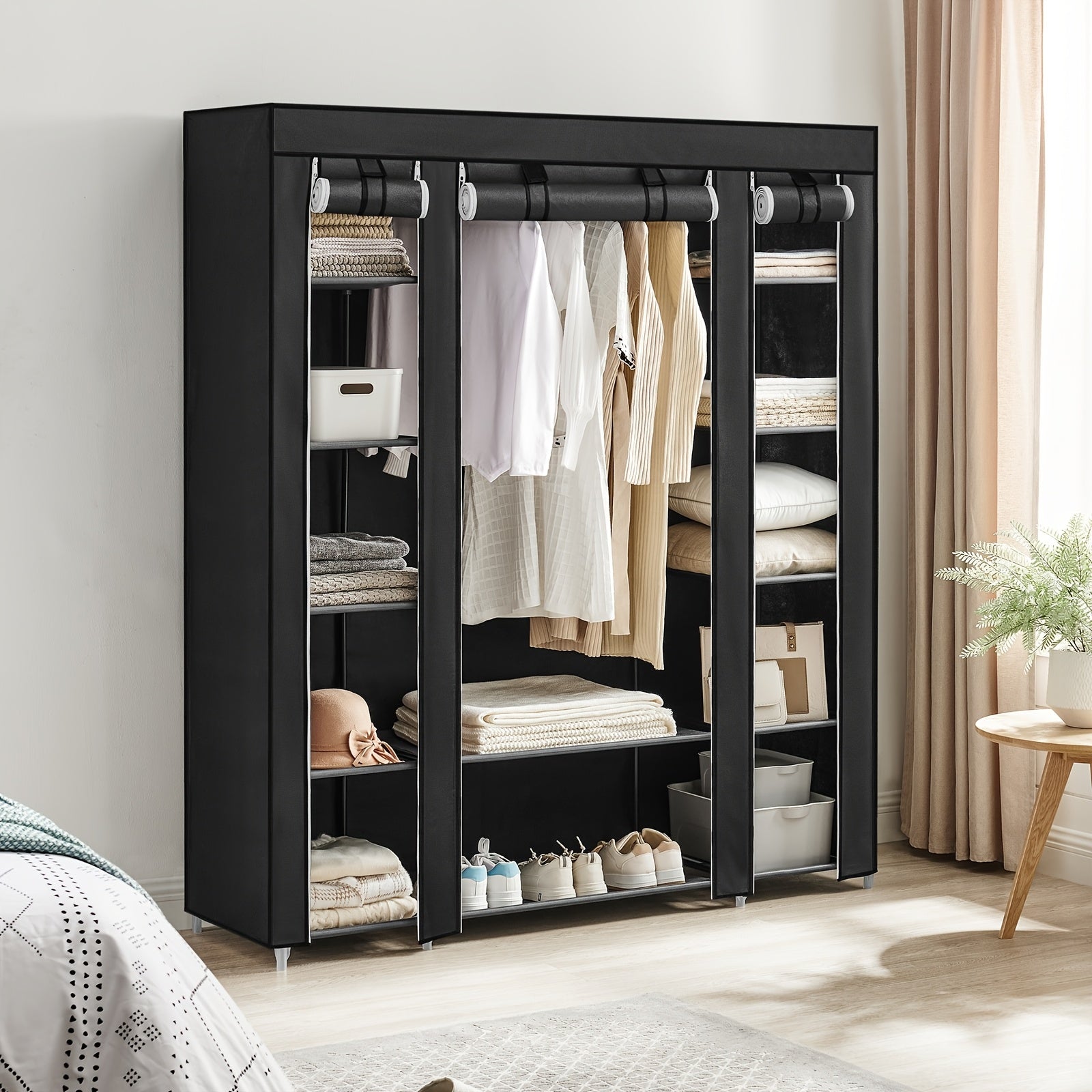 1pc SONGMICS Portable Wardrobe Closet Organizer with Cover, 4 Hanging Rods and Shelves, 4 Side Pockets, Metal Material, Lacquered Finish, Large Capacity for Bedroom, Living Room, Clothes Organizer Storage, SONGMICS