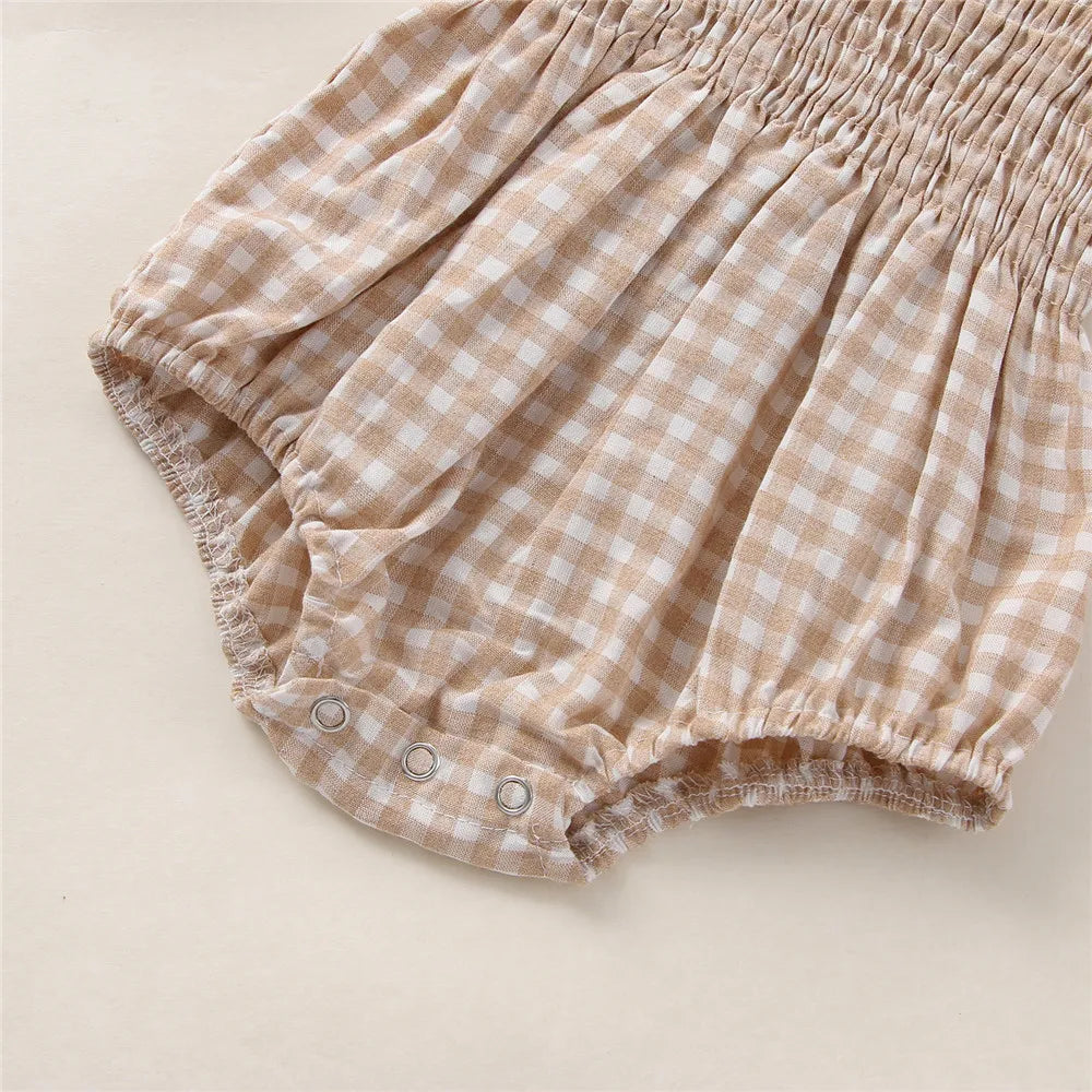 Infant Baby Girls 2Pcs Summer Outfits, Sleeveless Frill Smocked Strap Romper with Headband Set