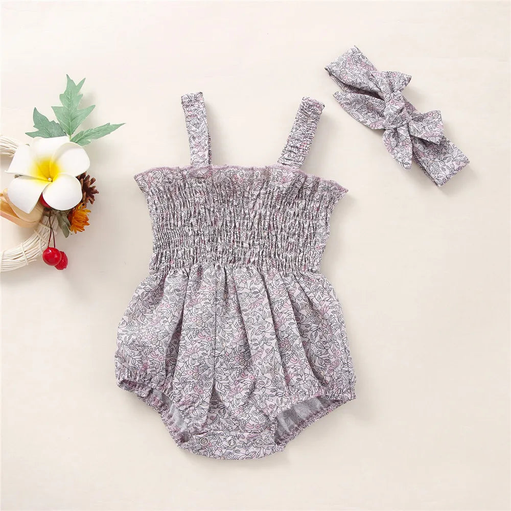Infant Baby Girls 2Pcs Summer Outfits, Sleeveless Frill Smocked Strap Romper with Headband Set