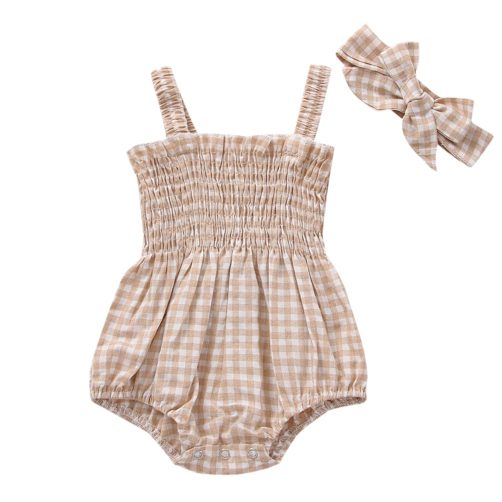 Infant Baby Girls 2Pcs Summer Outfits, Sleeveless Frill Smocked Strap Romper with Headband Set